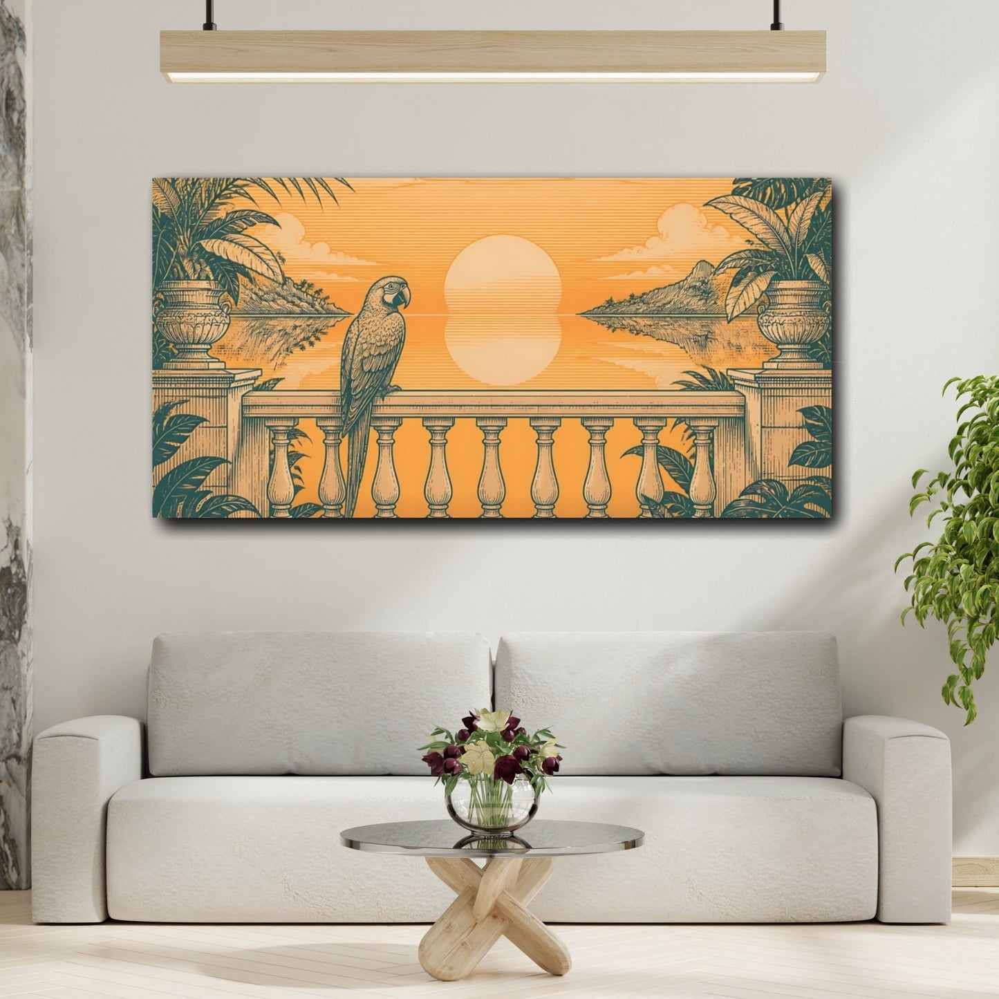 Mockup 2. Parrot On Tropical Balcony shown as canvas print