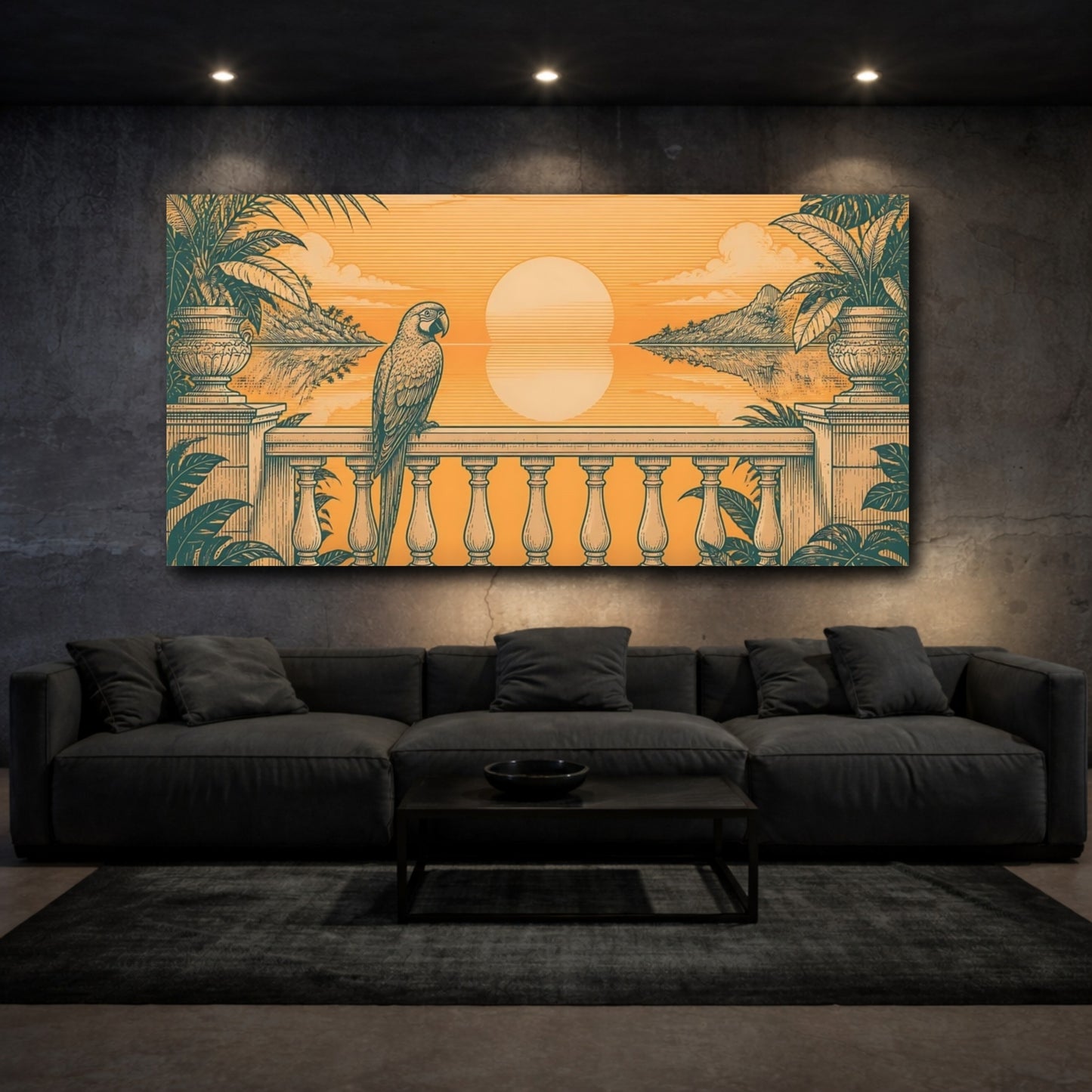 Mockup 3. Parrot On Tropical Balcony shown as canvas print