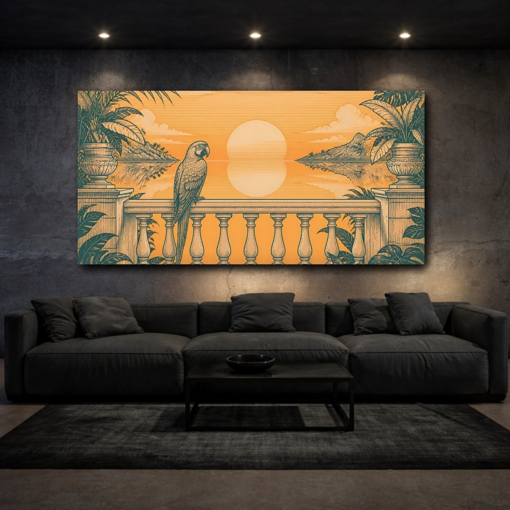 Mockup 3. Parrot On Tropical Balcony shown as canvas print