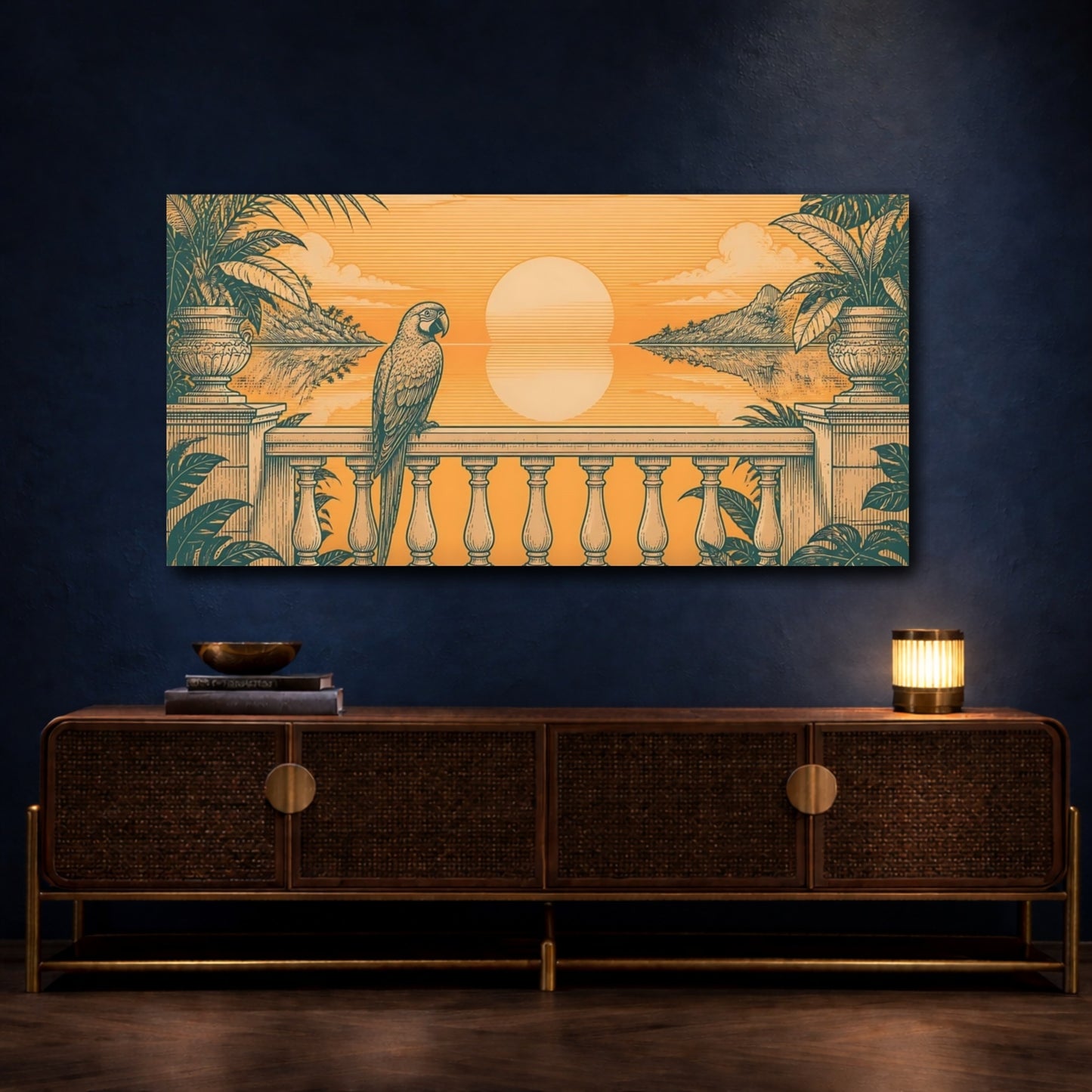 Mockup 4. Parrot On Tropical Balcony shown as canvas print