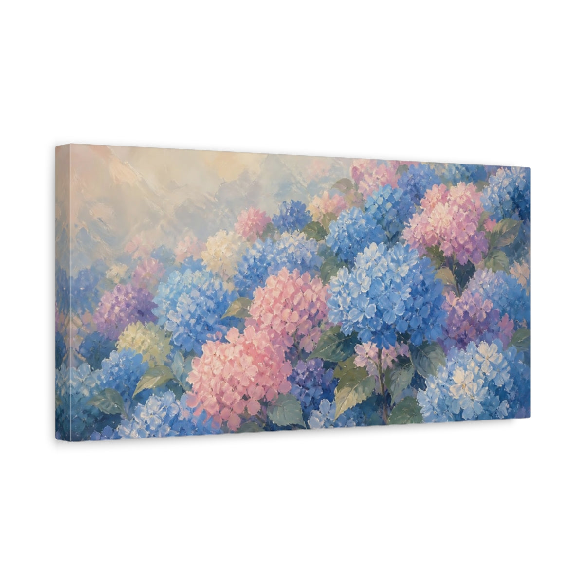 Side Mockup 3. Pastel Hydrangea Garden shown as canvas print