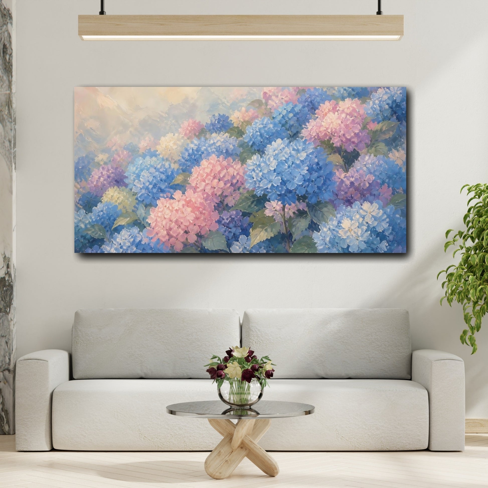 Mockup 2. Pastel Hydrangea Garden shown as canvas print