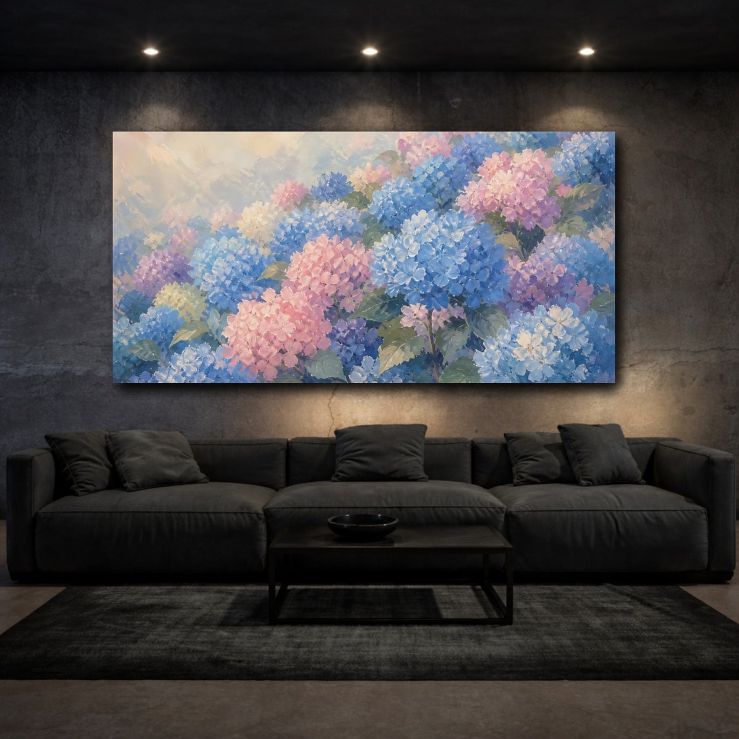 Mockup 3. Pastel Hydrangea Garden shown as canvas print