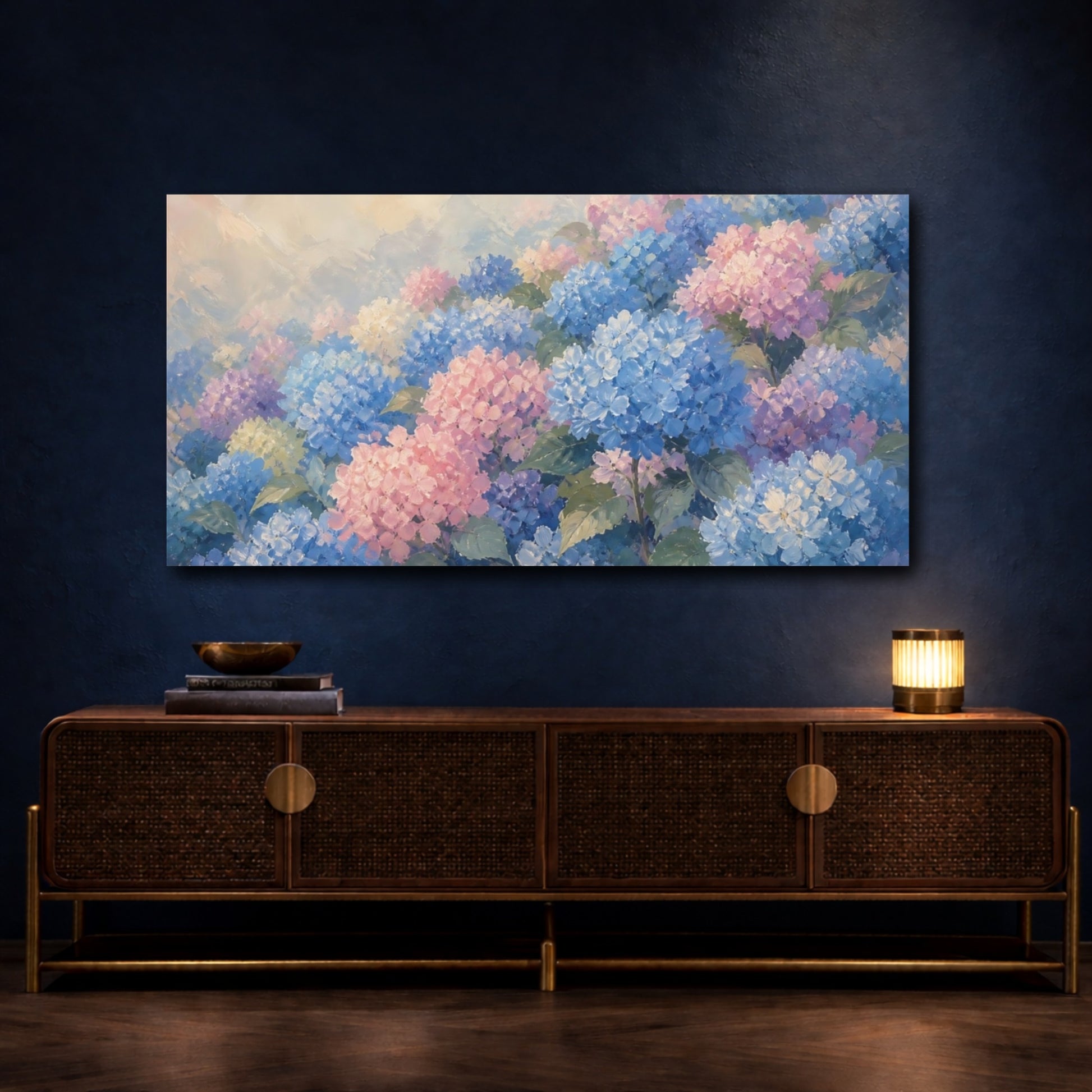 Mockup 4. Pastel Hydrangea Garden shown as canvas print