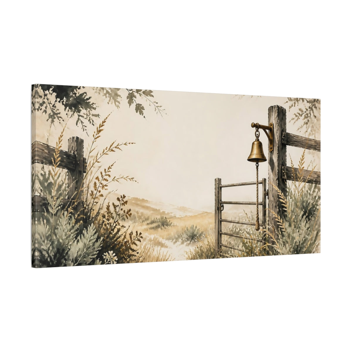 Main Mockup. Pasture Gate With Bell shown as canvas print