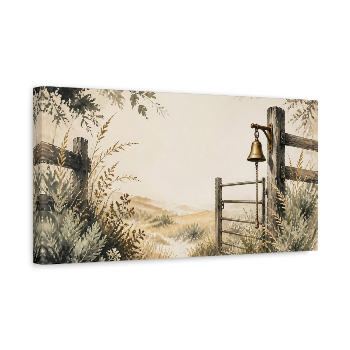 Side Mockup 3. Pasture Gate With Bell shown as canvas print