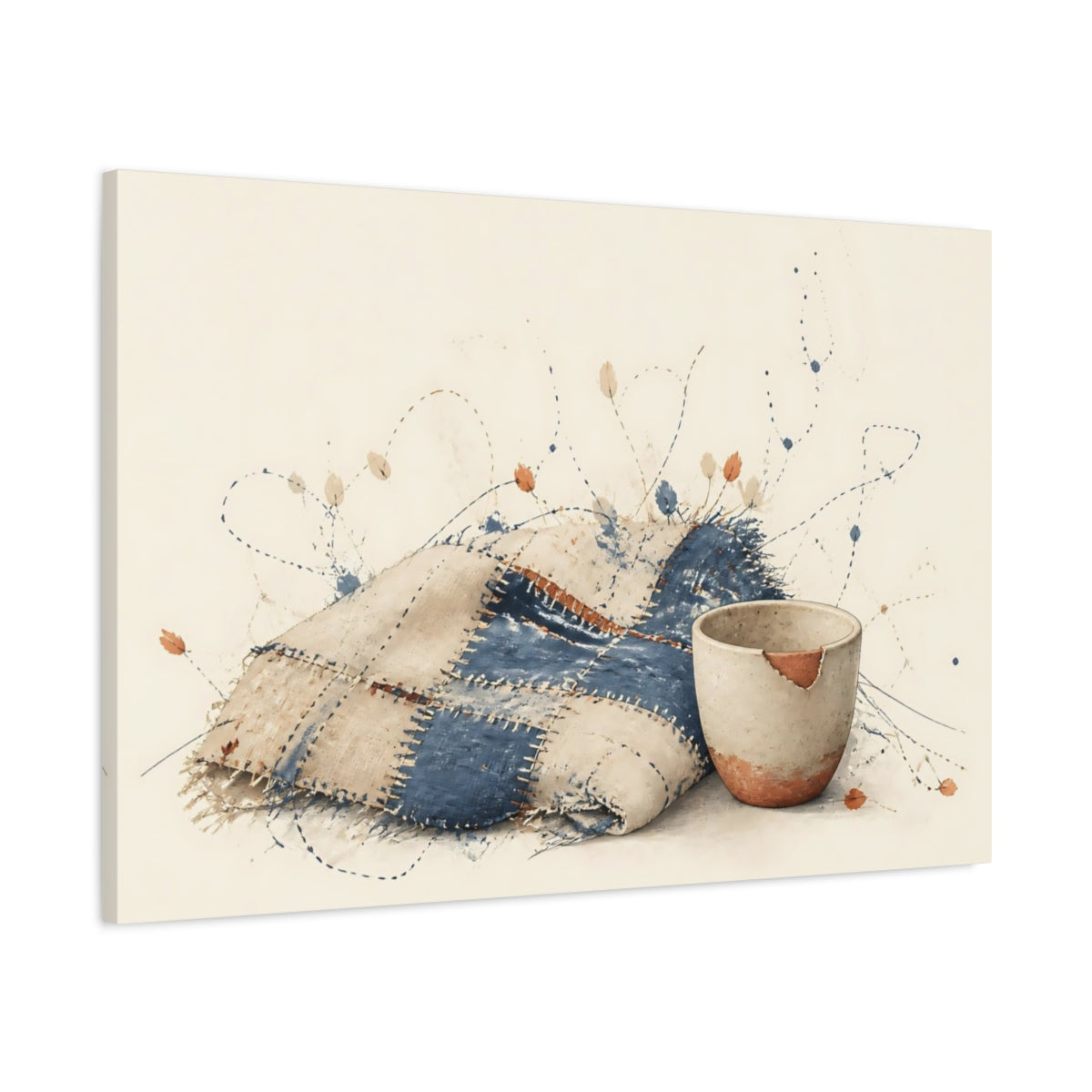 Main Mockup. Patchwork Blanket & Chipped Cup shown as canvas print
