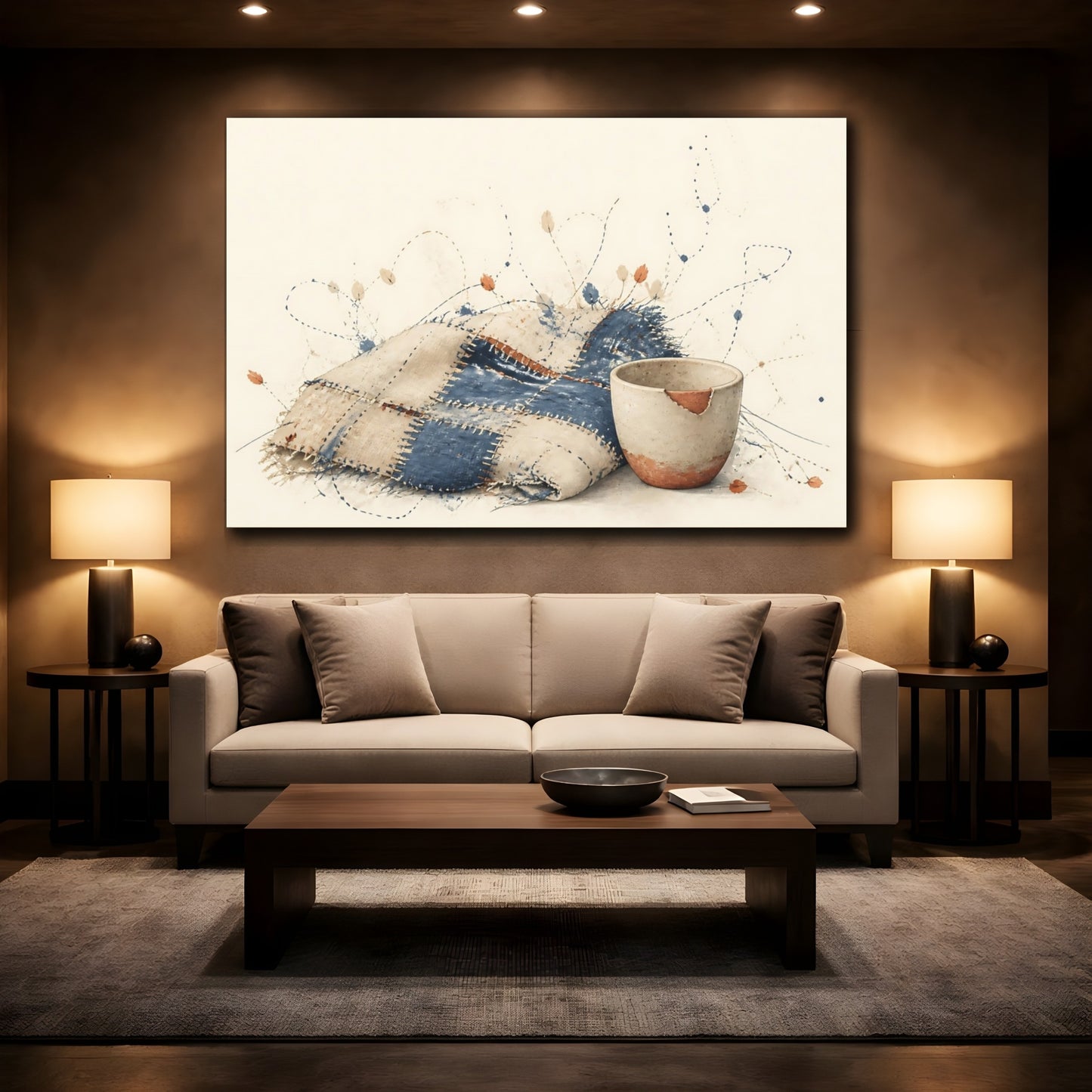 Mockup 2. Patchwork Blanket & Chipped Cup shown as canvas print