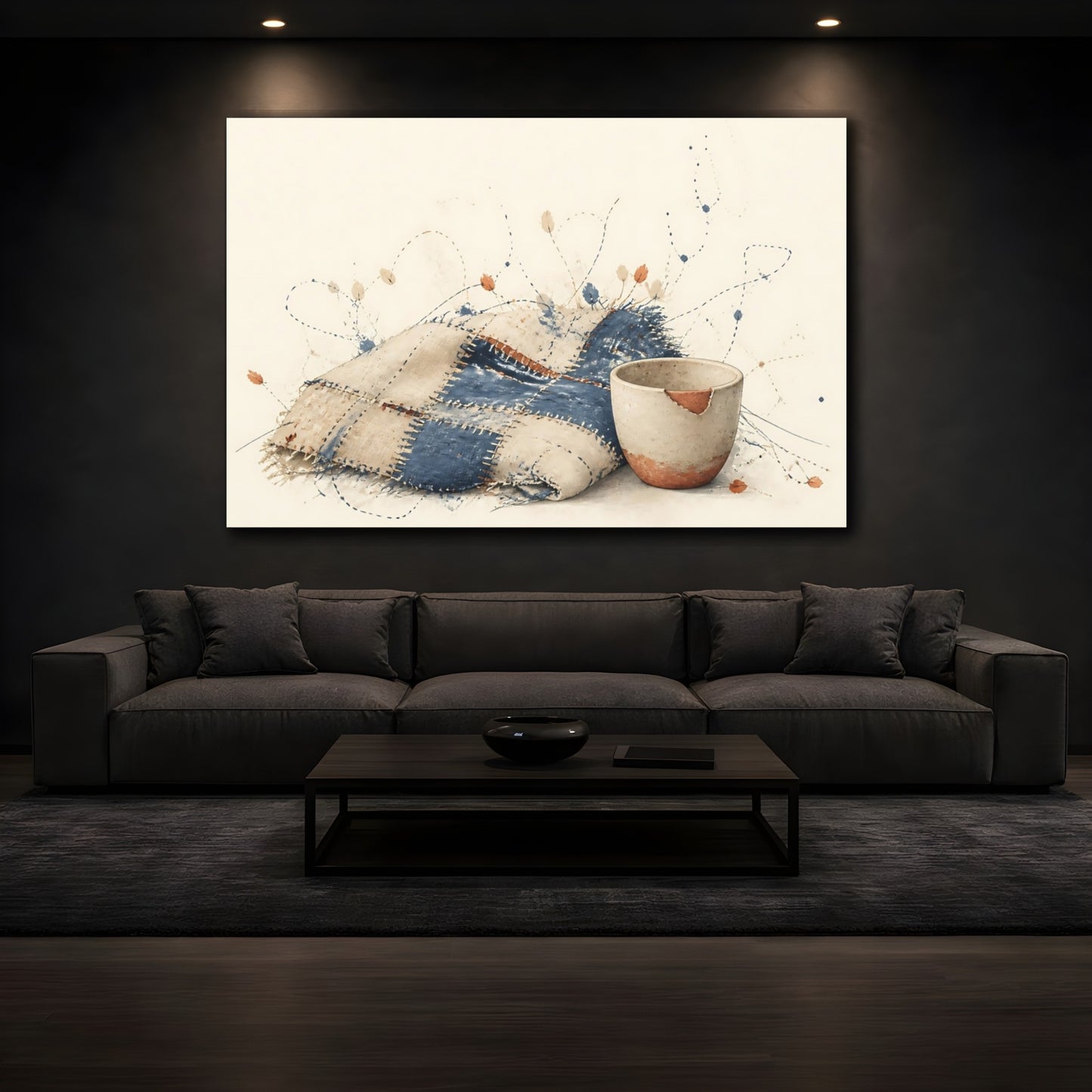 Mockup 3. Patchwork Blanket & Chipped Cup shown as canvas print