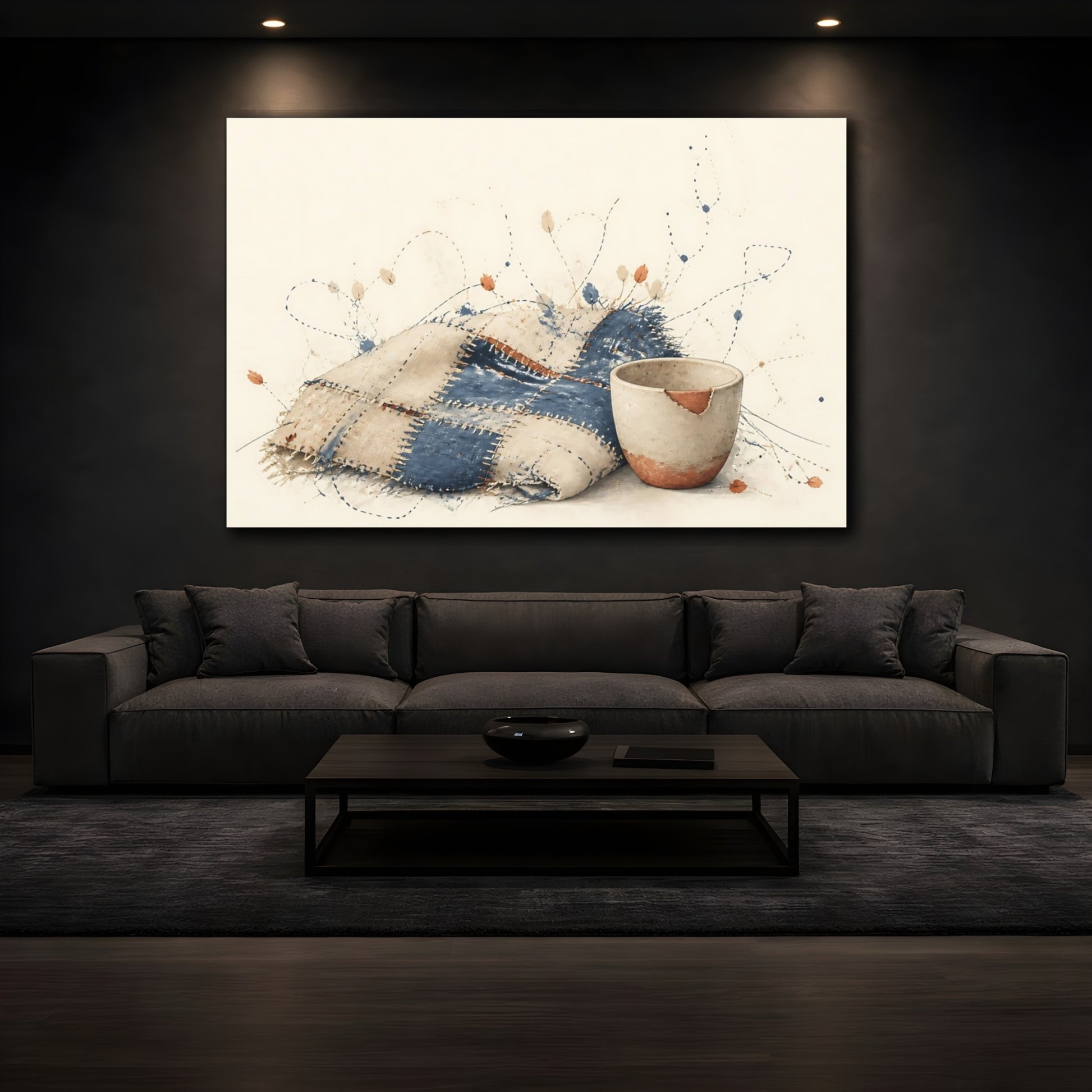 Mockup 3. Patchwork Blanket & Chipped Cup shown as canvas print