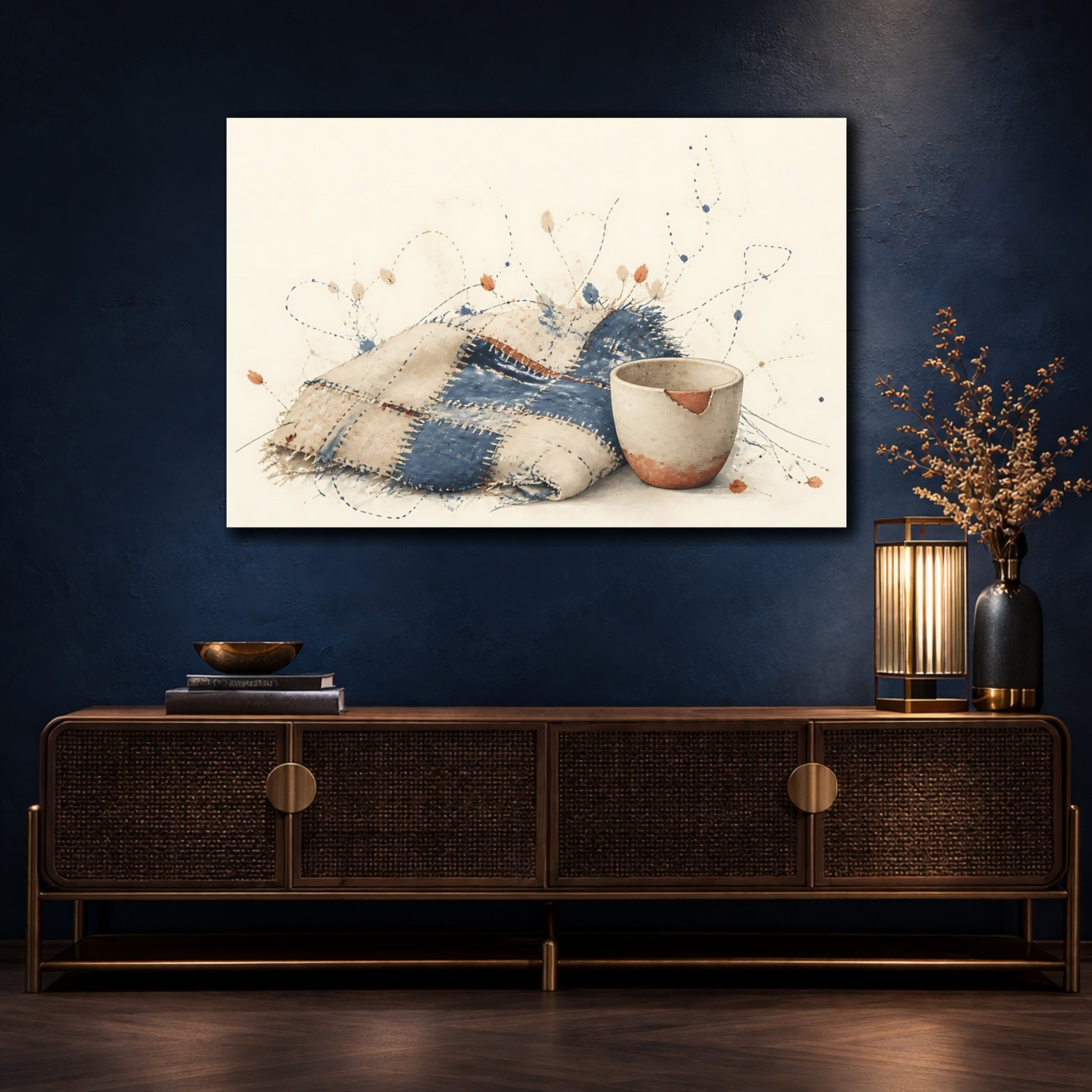 Mockup 4. Patchwork Blanket & Chipped Cup shown as canvas print