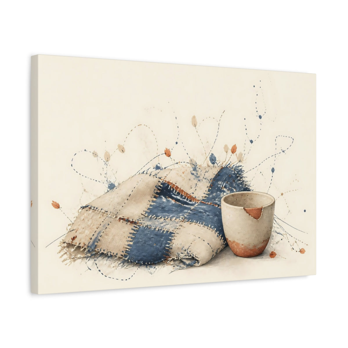 Side Mockup 3. Patchwork Blanket & Chipped Cup shown as canvas print