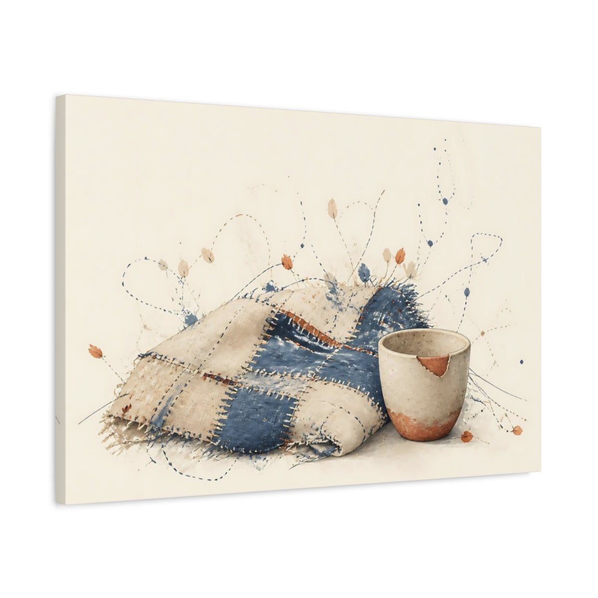 Side Mockup 2. Patchwork Blanket & Chipped Cup shown as canvas print