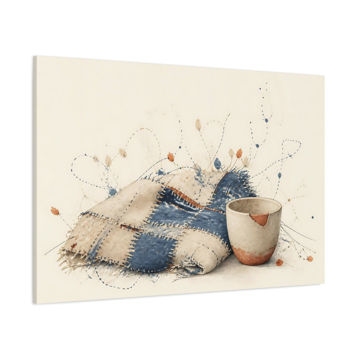 Side Mockup 1. Patchwork Blanket & Chipped Cup shown as canvas print