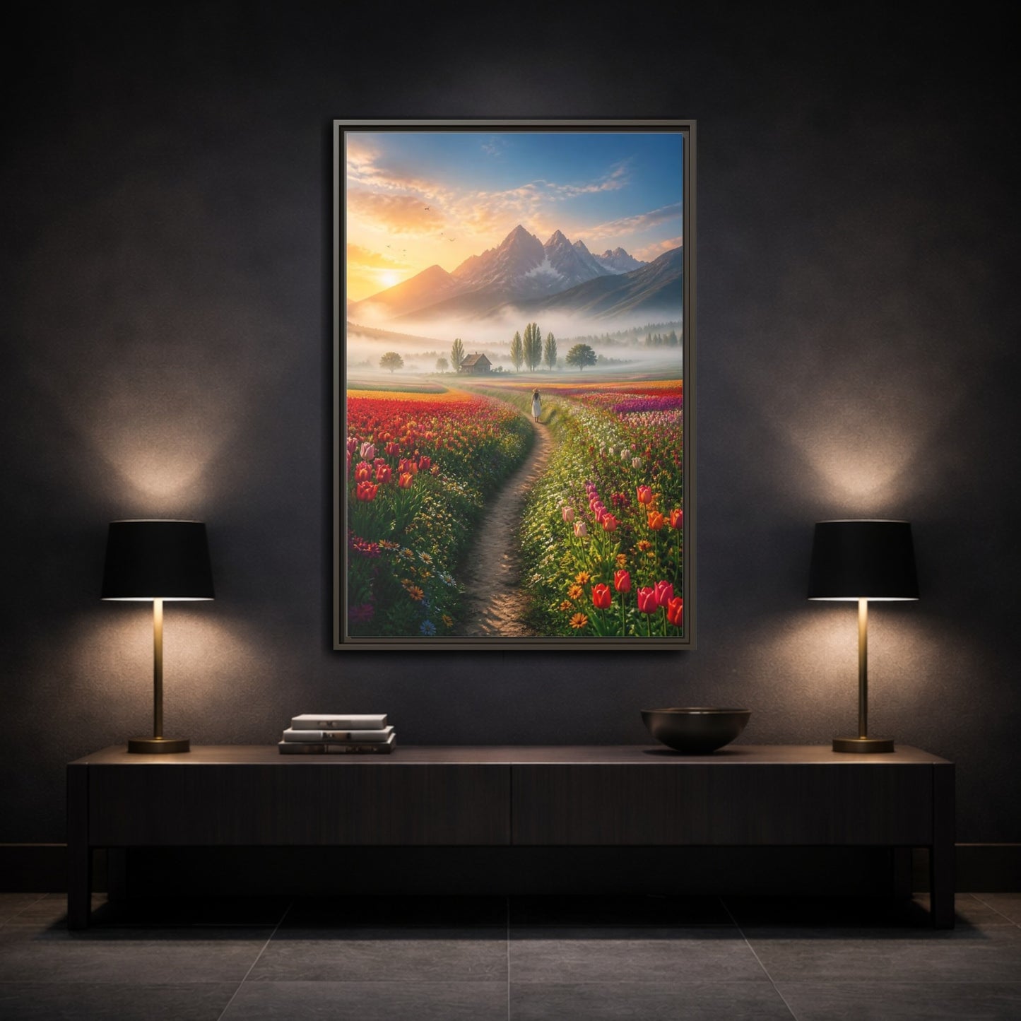 Mockup 3. Path Through Tulip Fields shown as framed canvas print