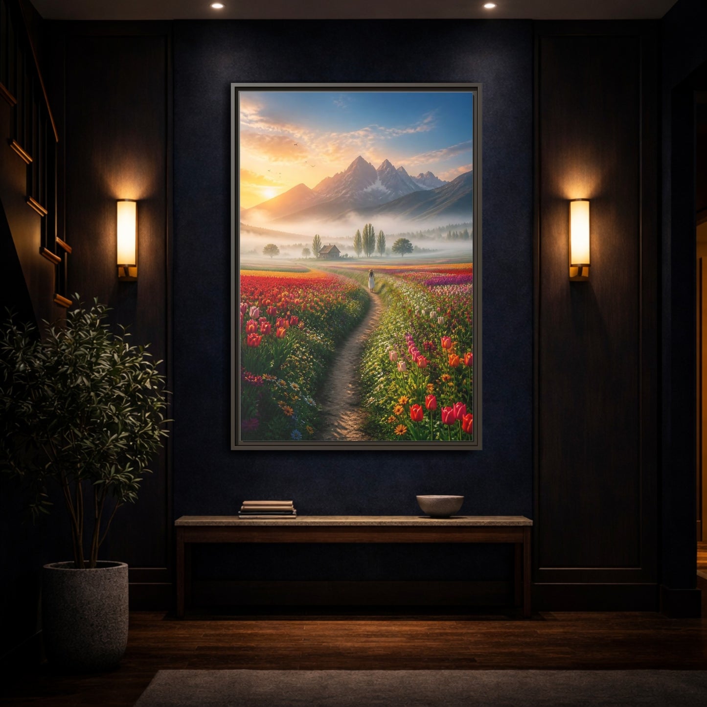 Mockup 4. Path Through Tulip Fields shown as framed canvas print