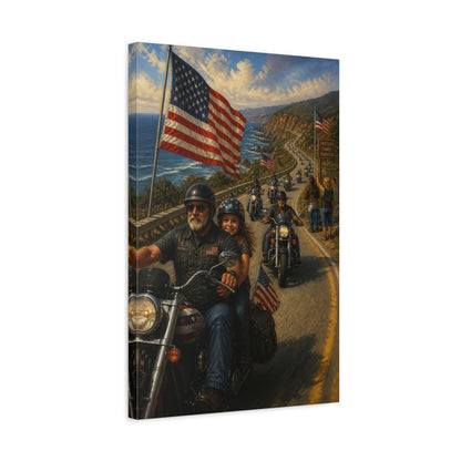Side Mockup 3. Patriotic Motorcycle Ride shown as canvas print