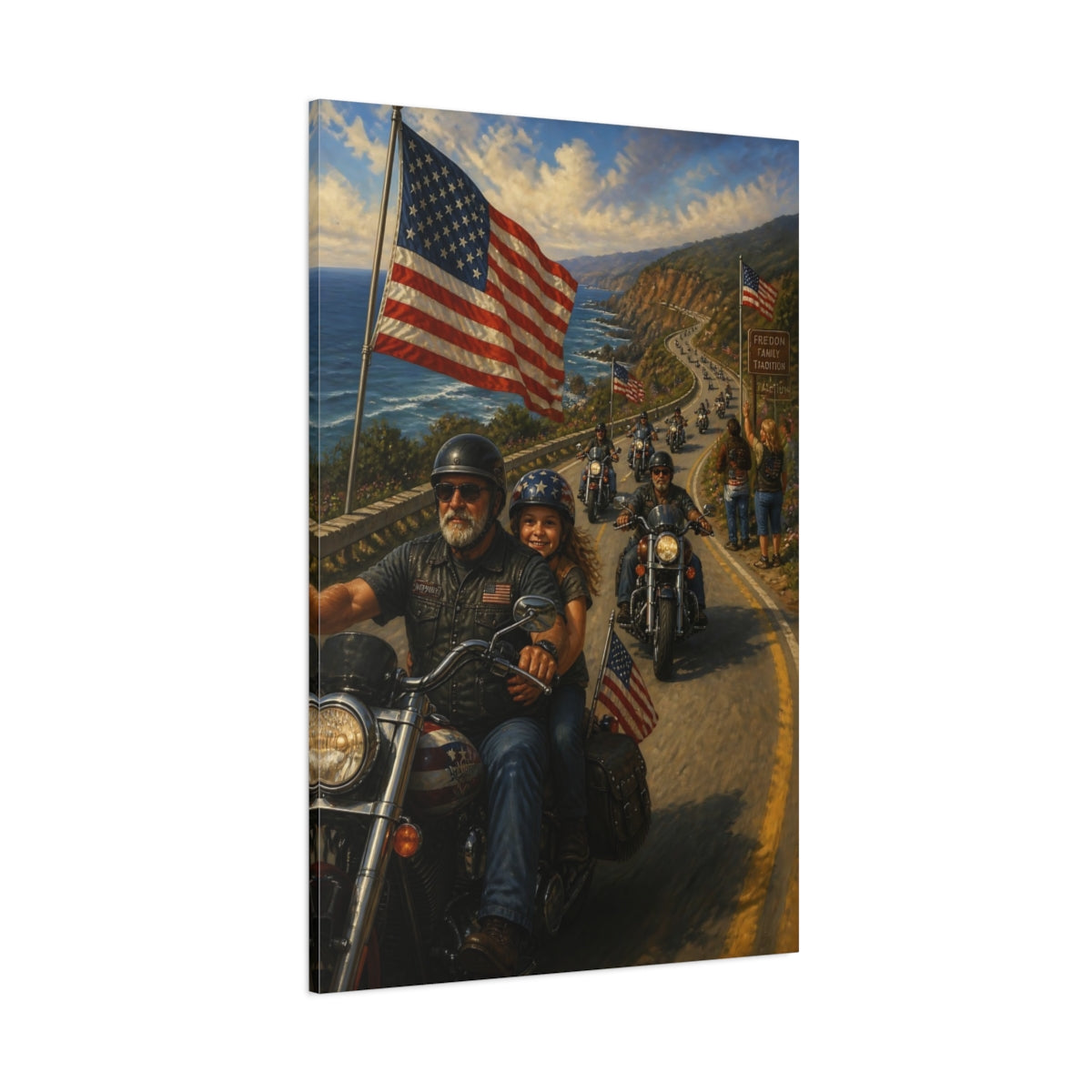 Side Mockup 1. Patriotic Motorcycle Ride shown as canvas print