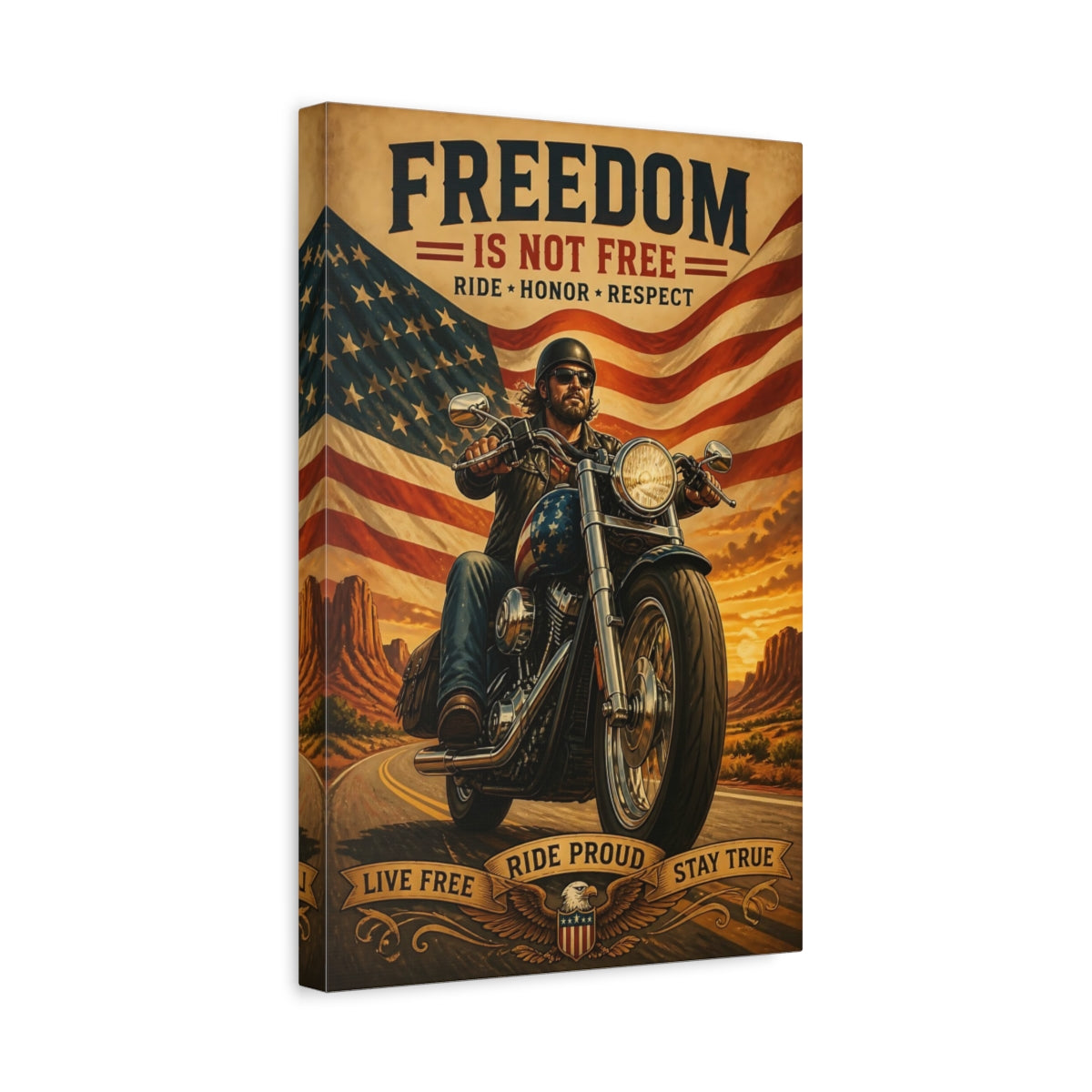Side Mockup 4. Patriotic Motorcycle Rider shown as canvas print