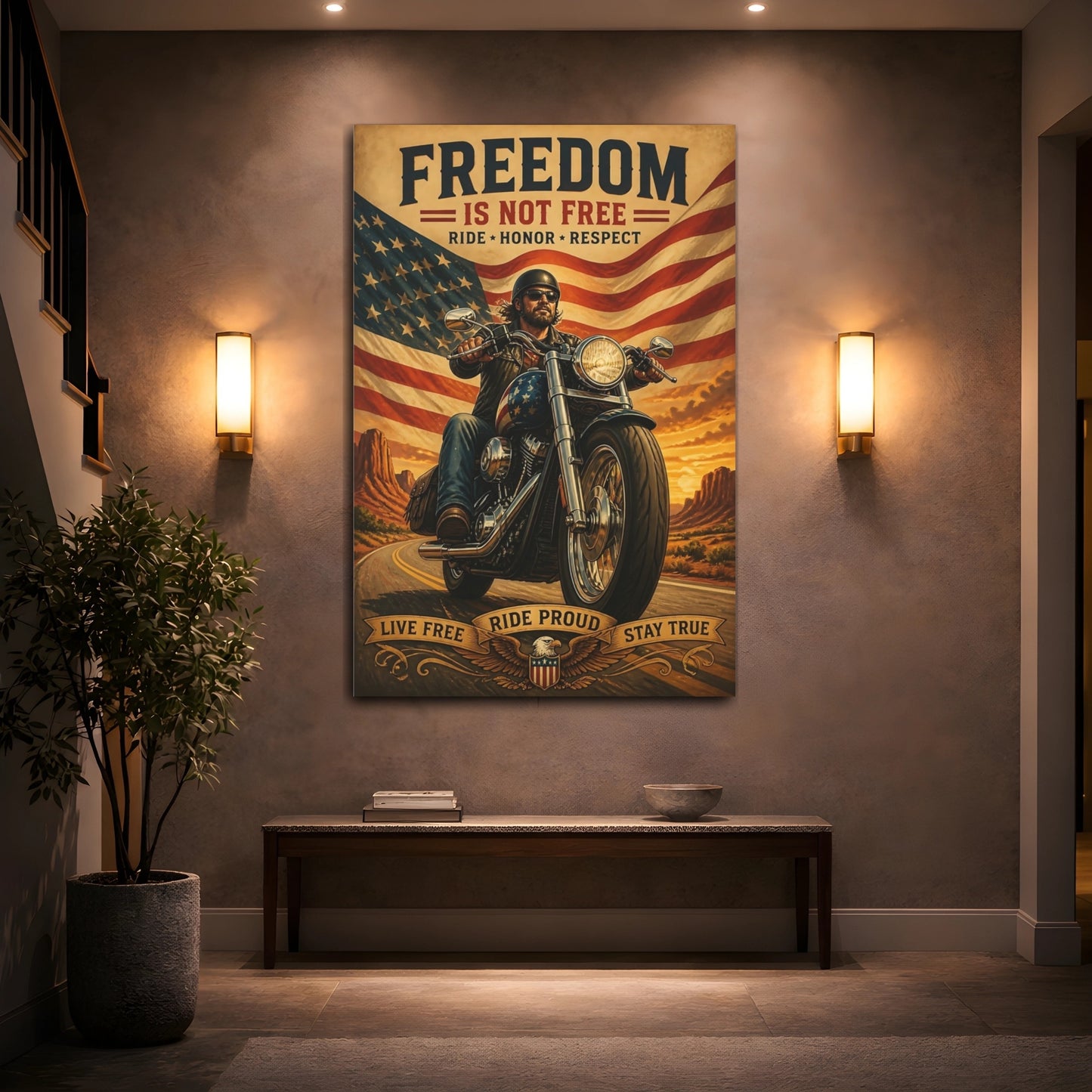 Mockup 2. Patriotic Motorcycle Rider shown as canvas print
