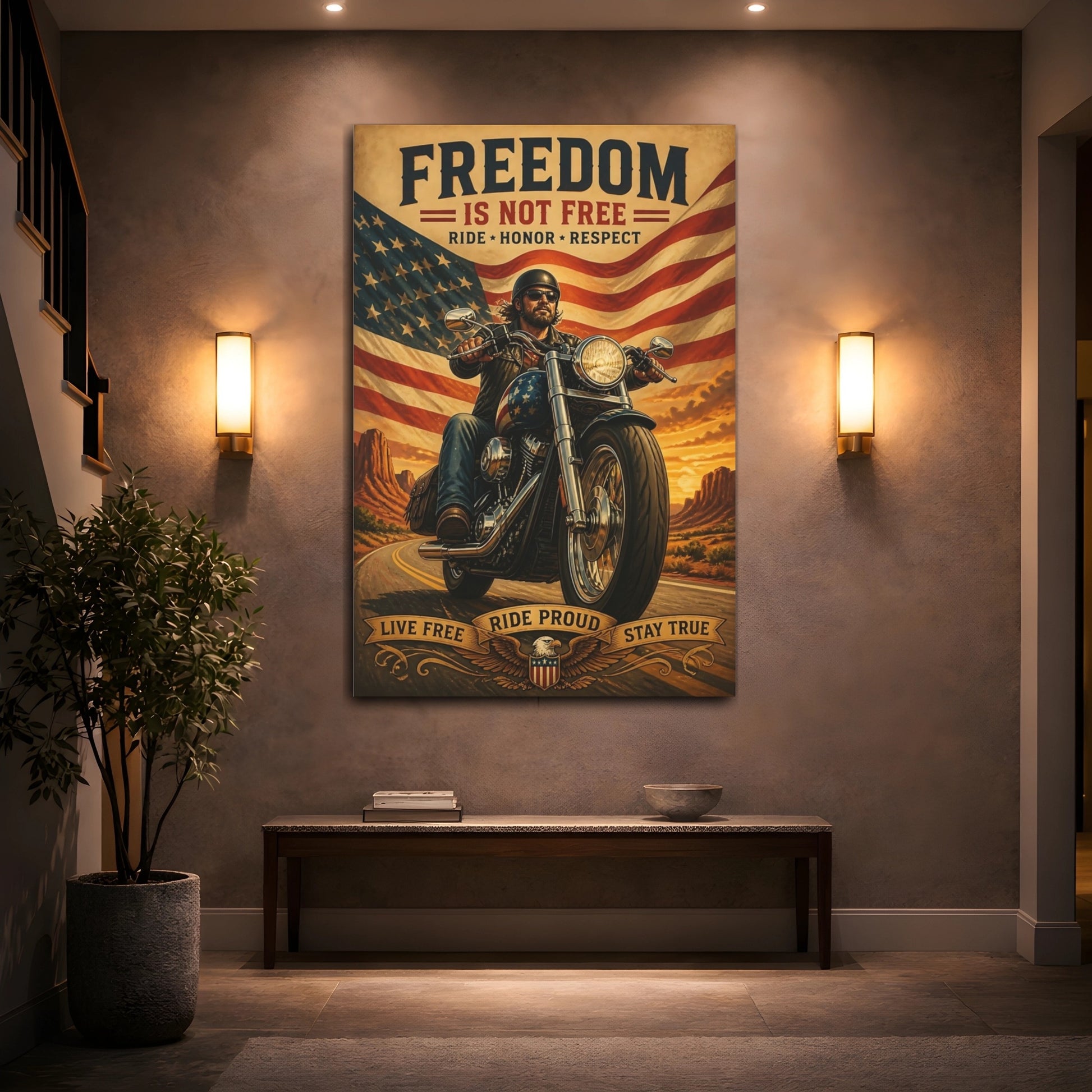 Mockup 2. Patriotic Motorcycle Rider shown as canvas print