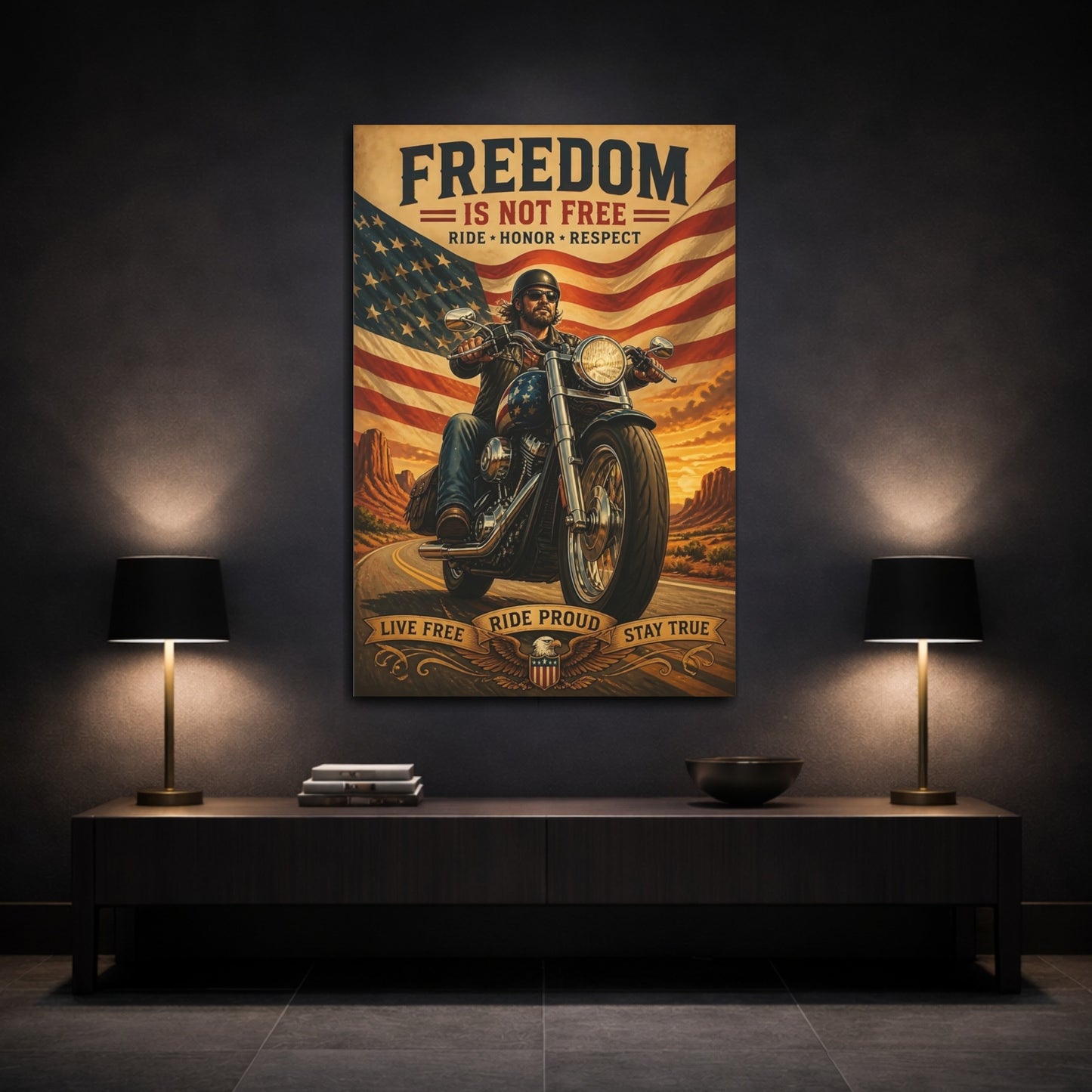 Mockup 3. Patriotic Motorcycle Rider shown as canvas print
