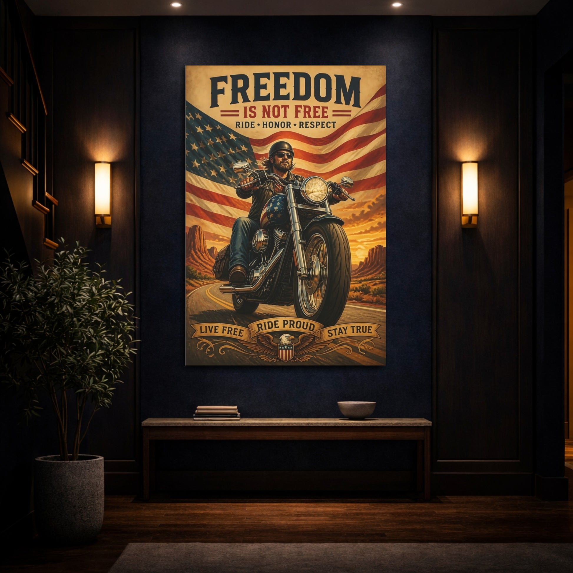Mockup 4. Patriotic Motorcycle Rider shown as canvas print