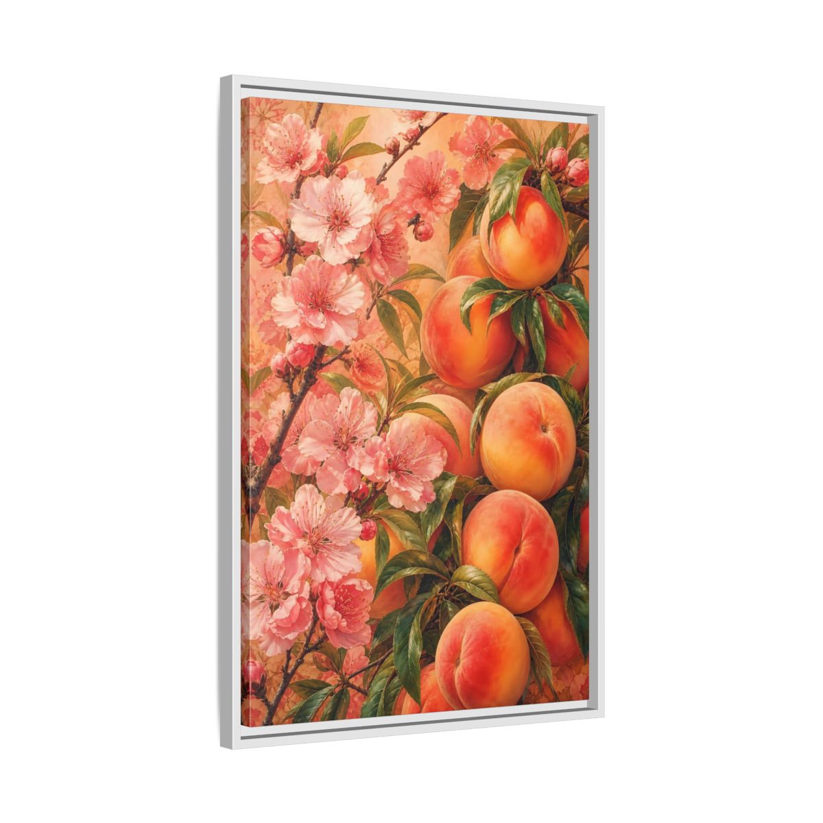 Side Mockup 10. Peach Blossom Harvest shown as framed canvas print