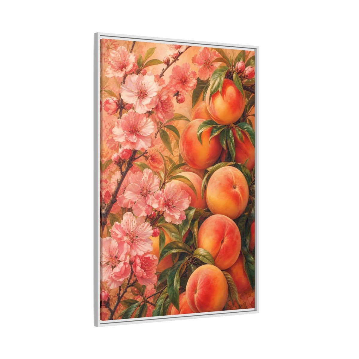 Side Mockup 7. Peach Blossom Harvest shown as framed canvas print