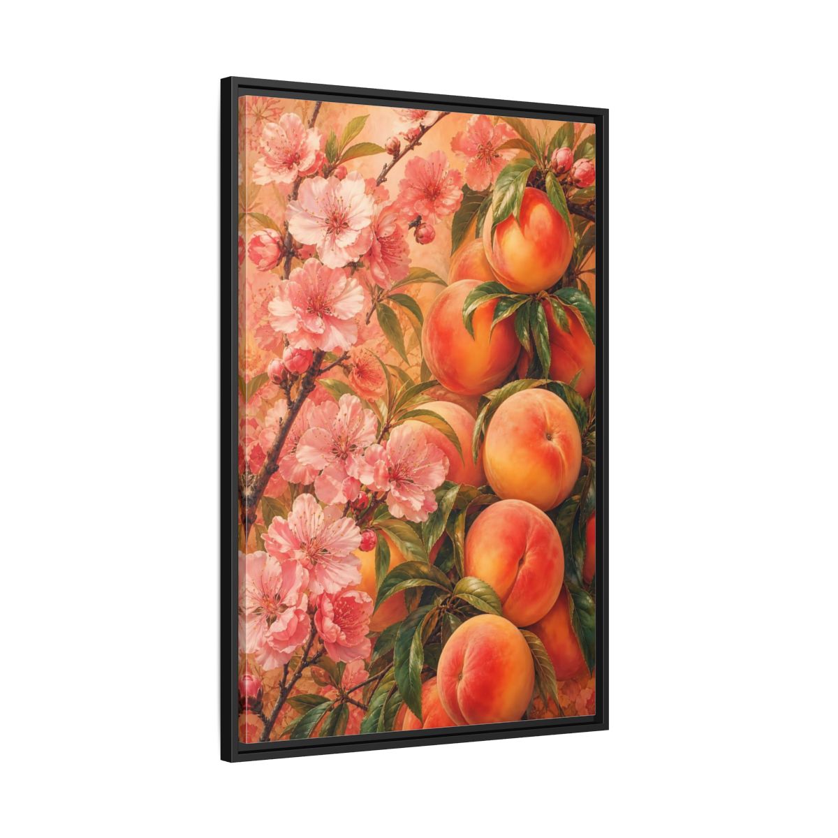 Side Mockup 13. Peach Blossom Harvest shown as framed canvas print