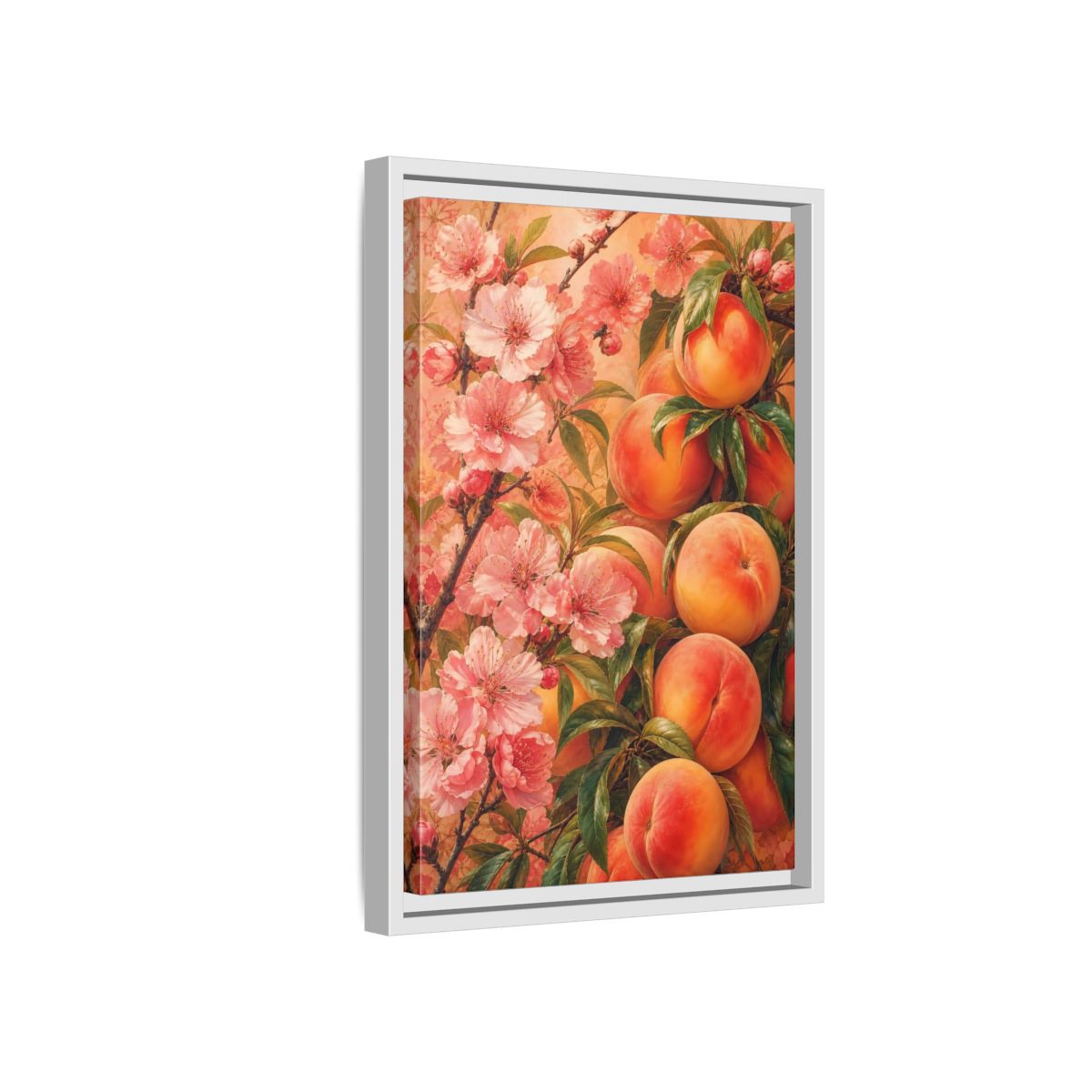 Side Mockup 4. Peach Blossom Harvest shown as framed canvas print
