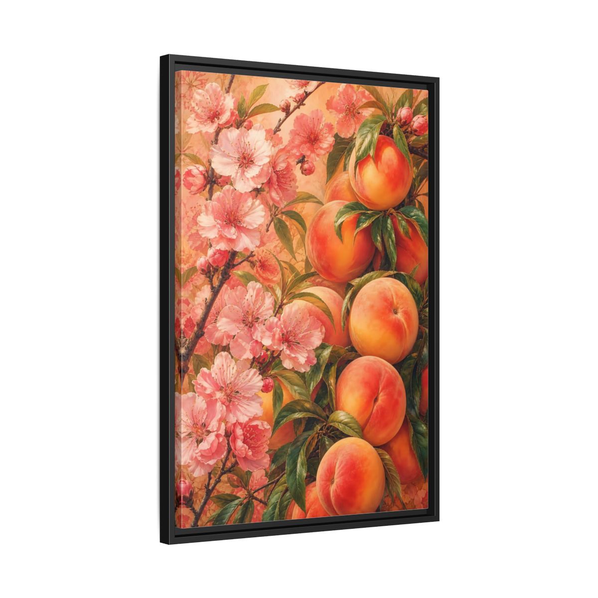 Side Mockup 14. Peach Blossom Harvest shown as framed canvas print