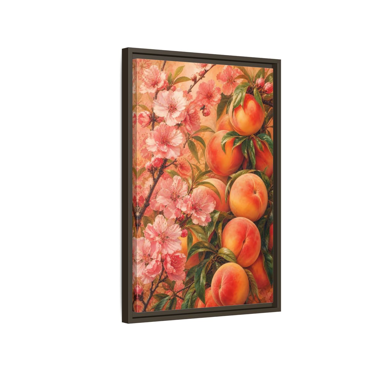 Side Mockup 2. Peach Blossom Harvest shown as framed canvas print