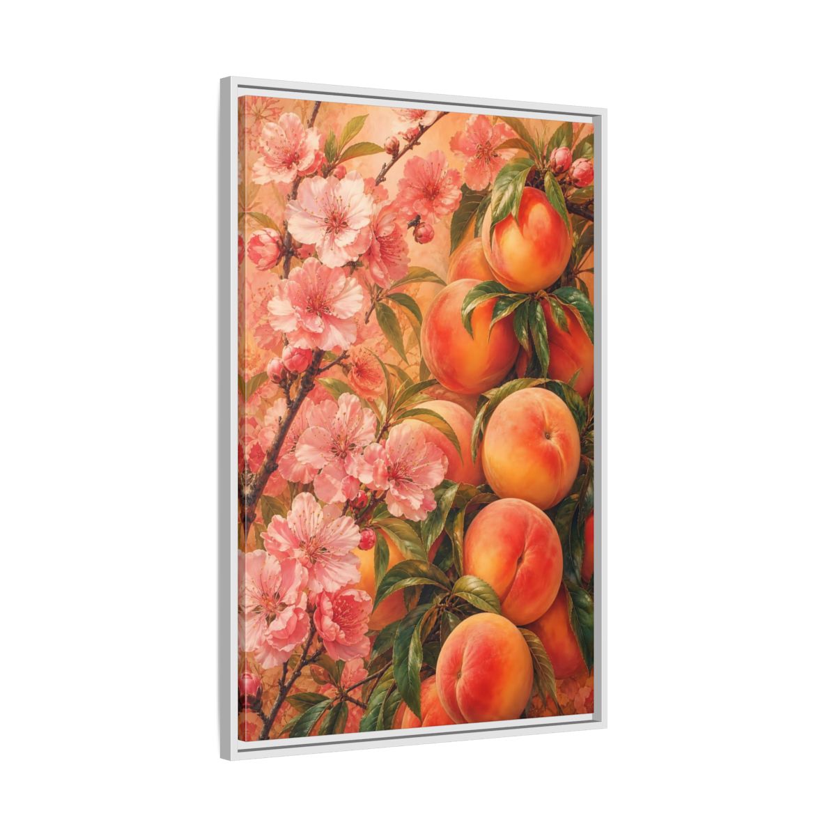Side Mockup 9. Peach Blossom Harvest shown as framed canvas print
