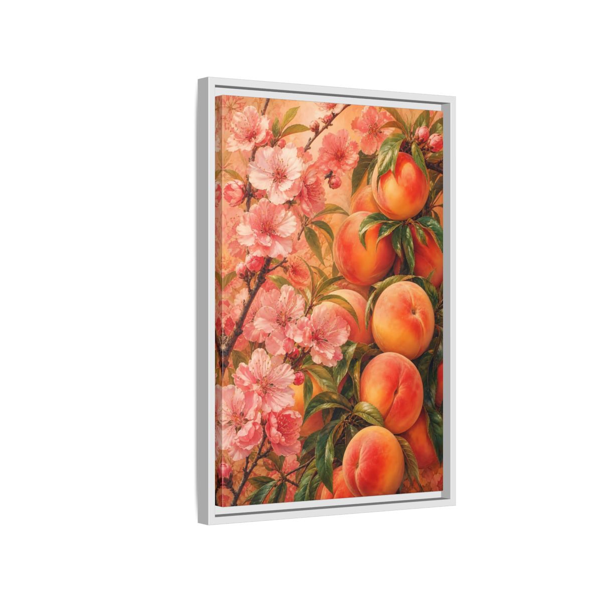 Side Mockup 1. Peach Blossom Harvest shown as framed canvas print