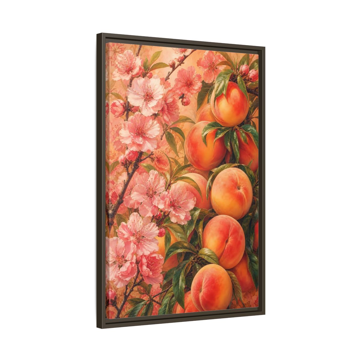 Side Mockup 11. Peach Blossom Harvest shown as framed canvas print