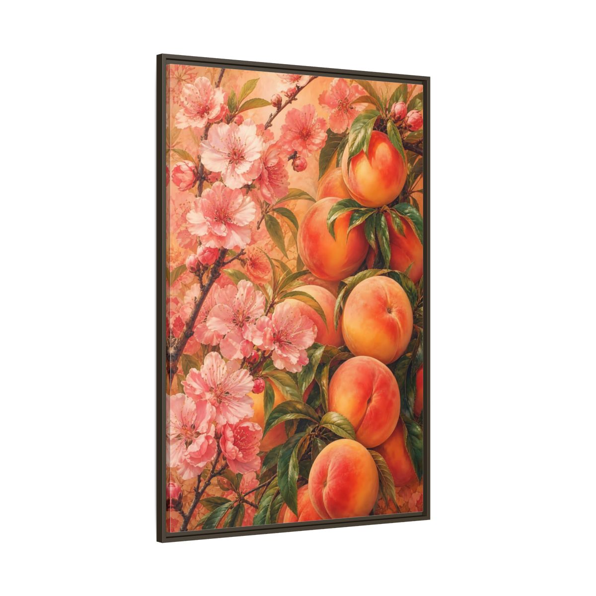 Side Mockup 8. Peach Blossom Harvest shown as framed canvas print