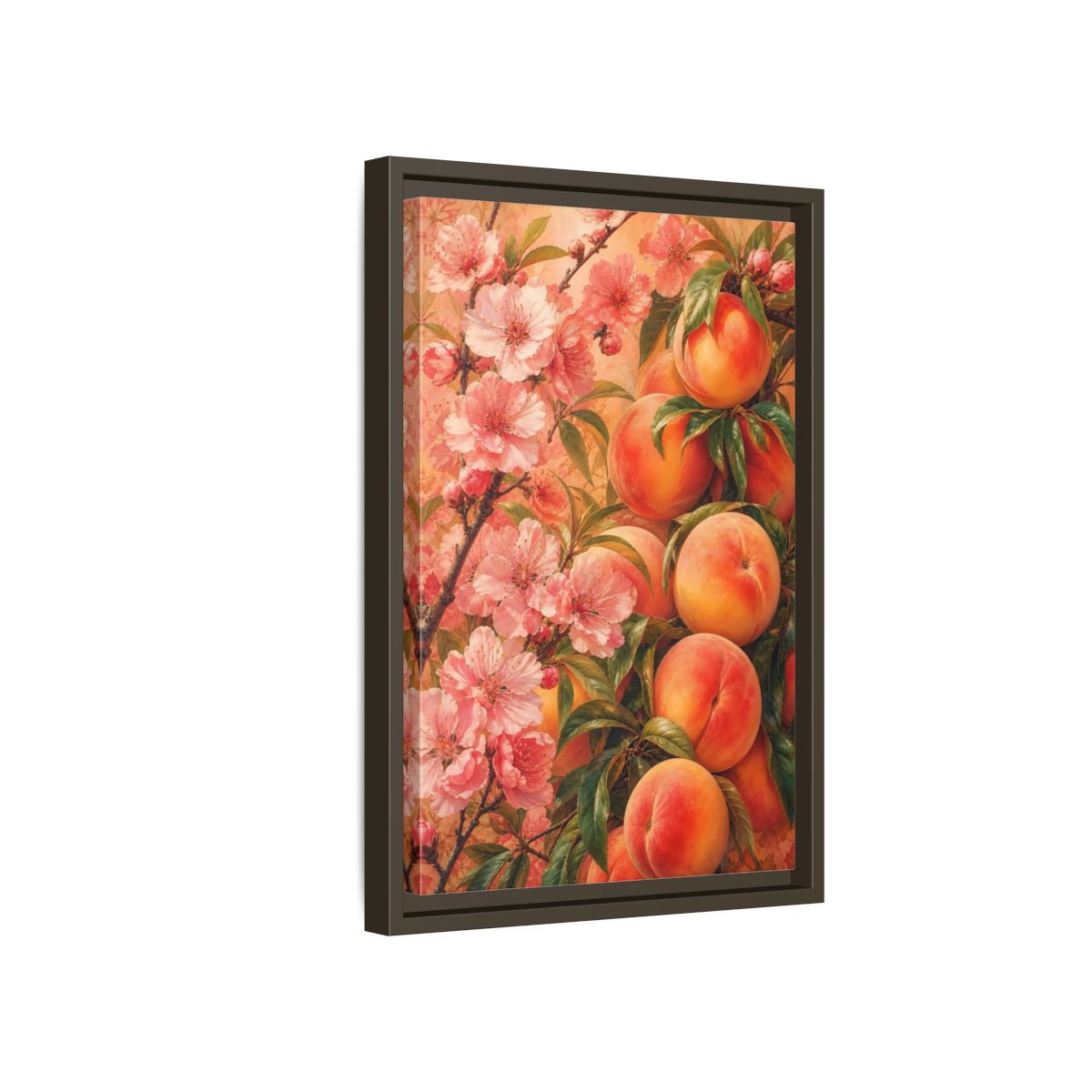 Side Mockup 5. Peach Blossom Harvest shown as framed canvas print