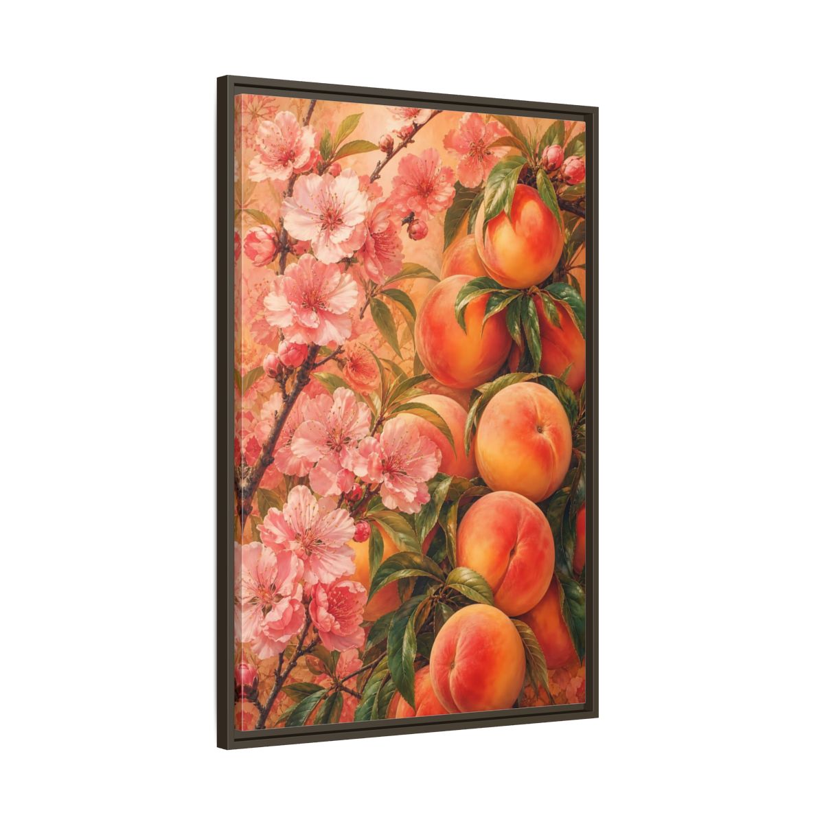 Main Mockup. Peach Blossom Harvest shown as framed canvas print