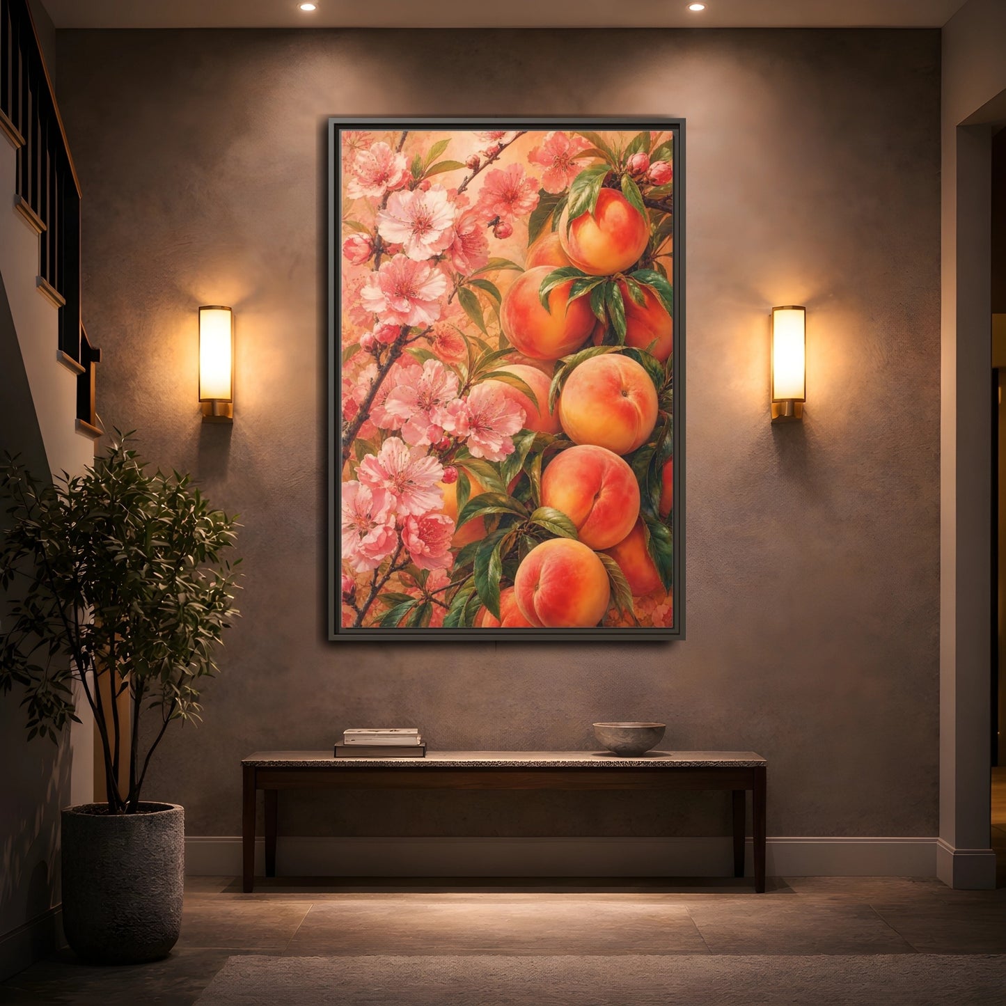 Mockup 2. Peach Blossom Harvest shown as framed canvas print