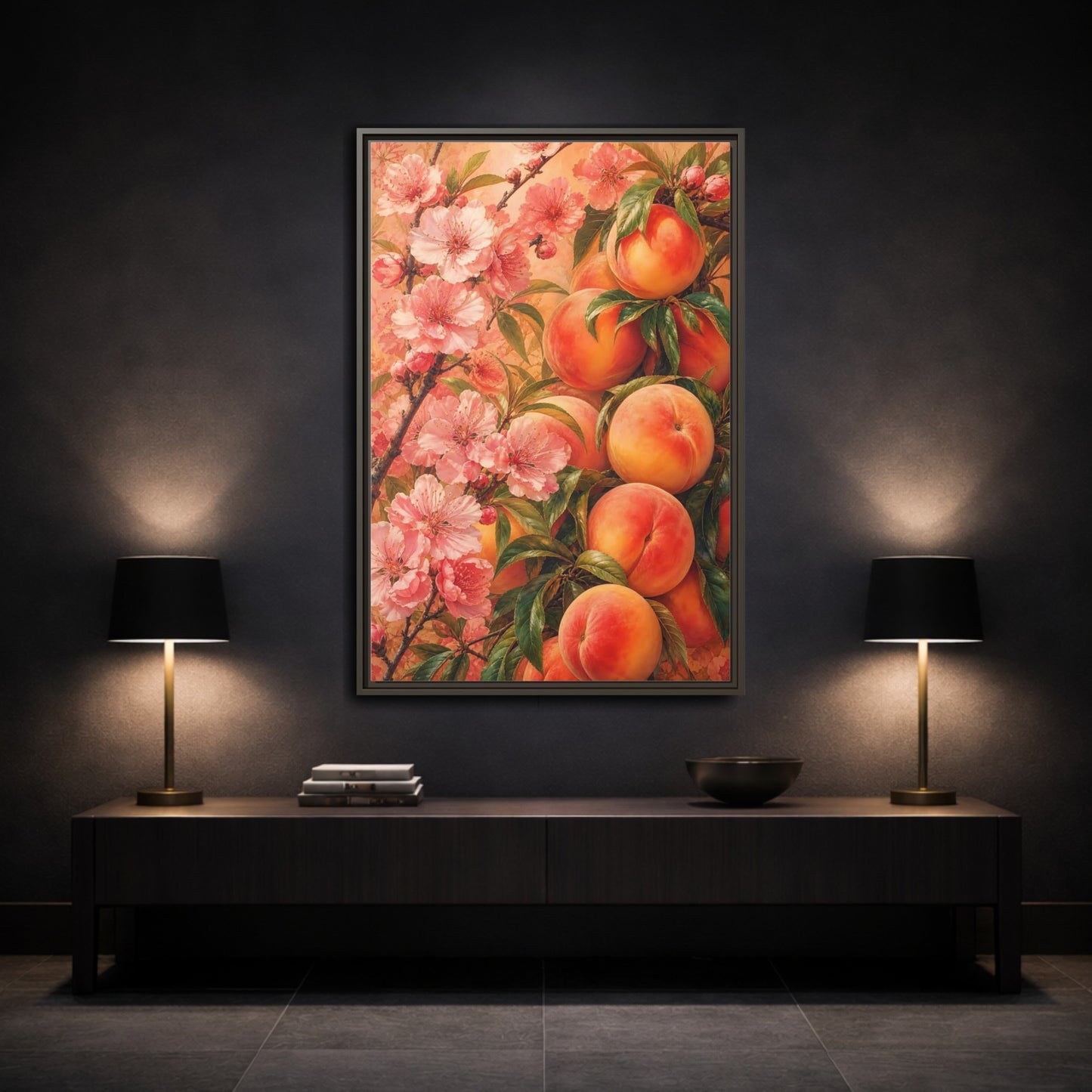 Mockup 3. Peach Blossom Harvest shown as framed canvas print