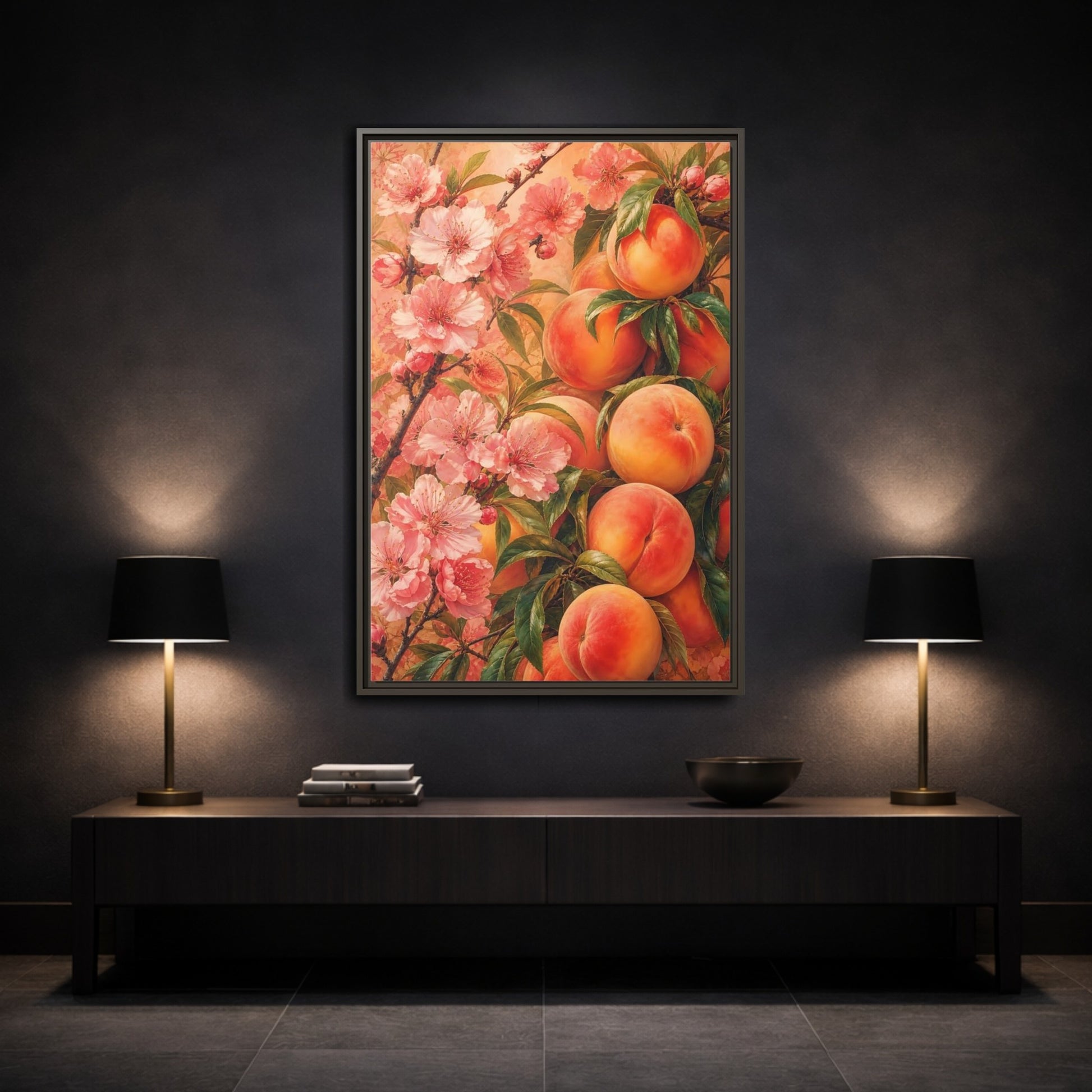 Mockup 3. Peach Blossom Harvest shown as framed canvas print