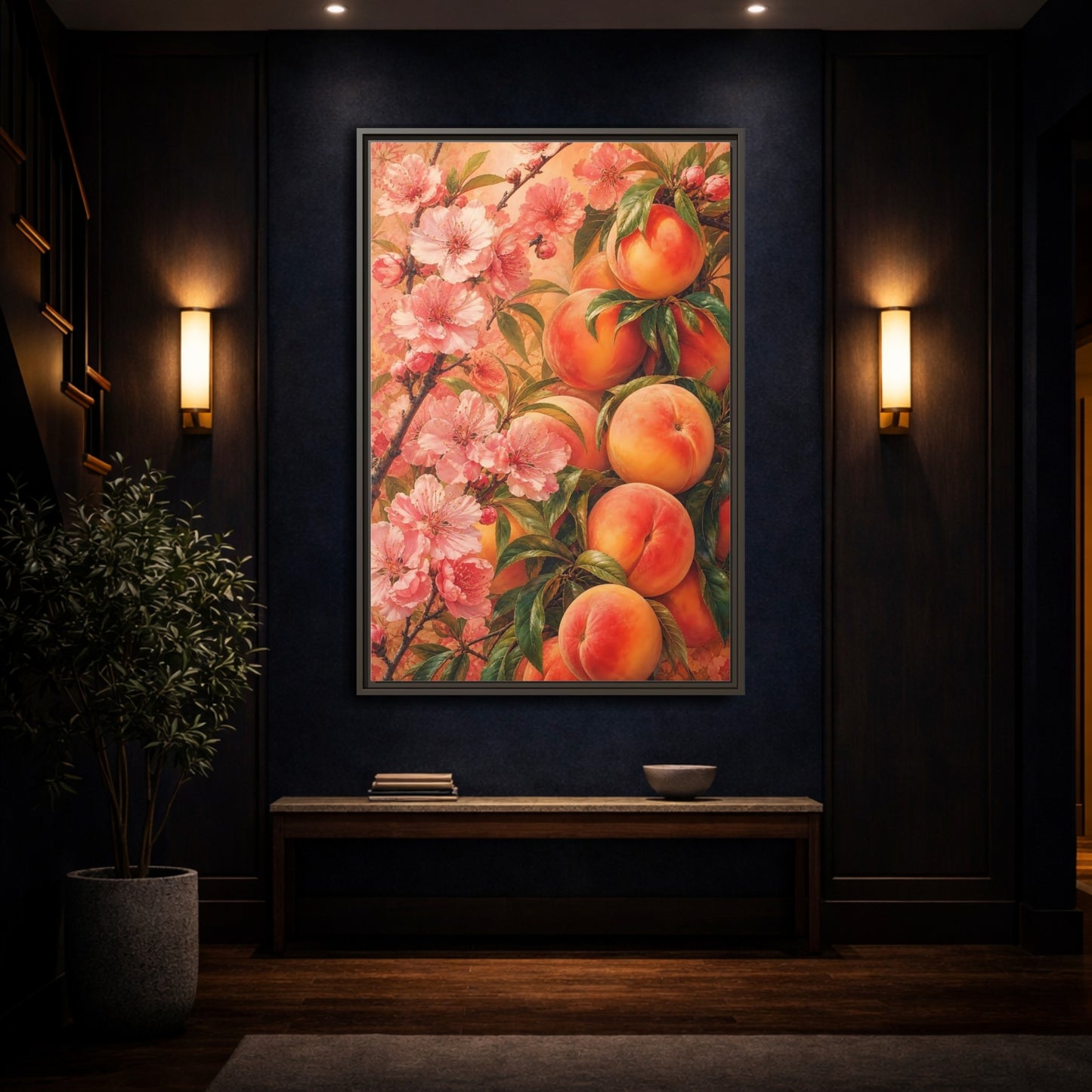 Mockup 4. Peach Blossom Harvest shown as framed canvas print
