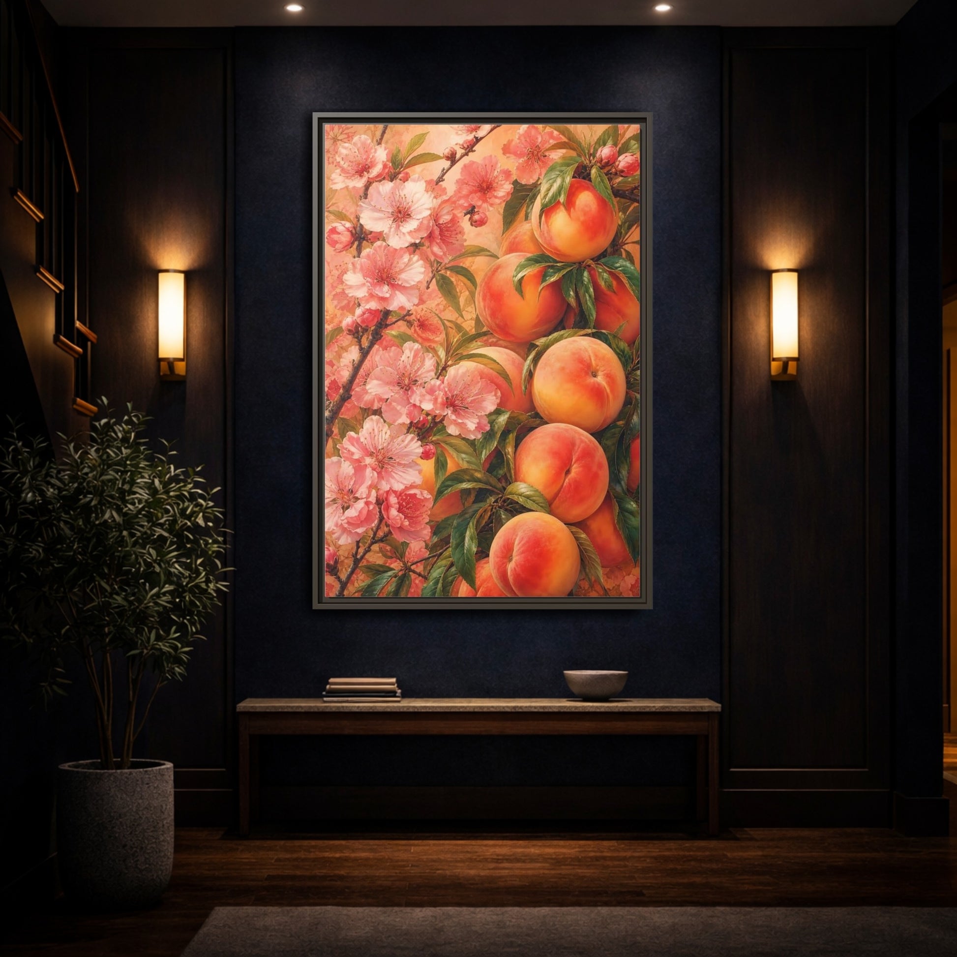 Mockup 4. Peach Blossom Harvest shown as framed canvas print