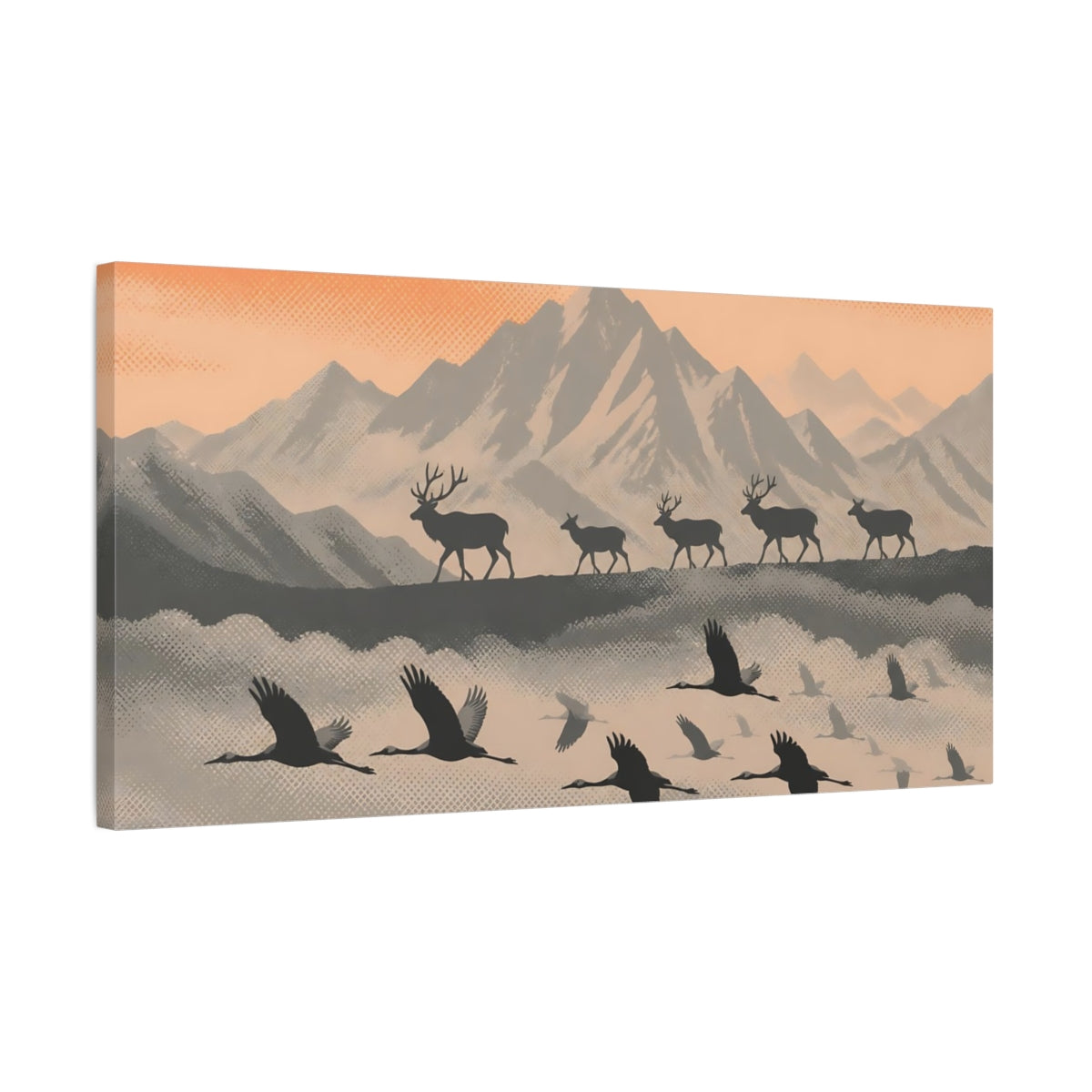 Side Mockup 1. Peach Mountain Silhouettes shown as canvas print