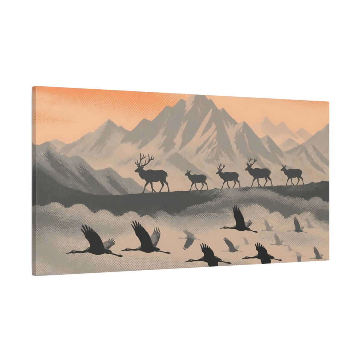 Side Mockup 2. Peach Mountain Silhouettes shown as canvas print