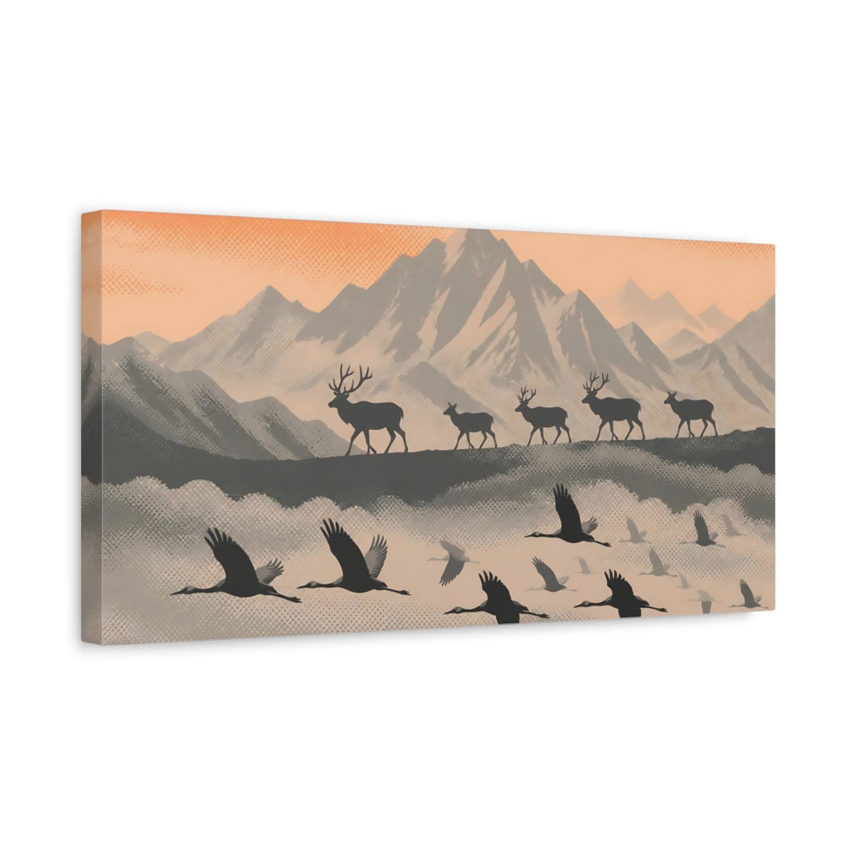 Side Mockup 3. Peach Mountain Silhouettes shown as canvas print