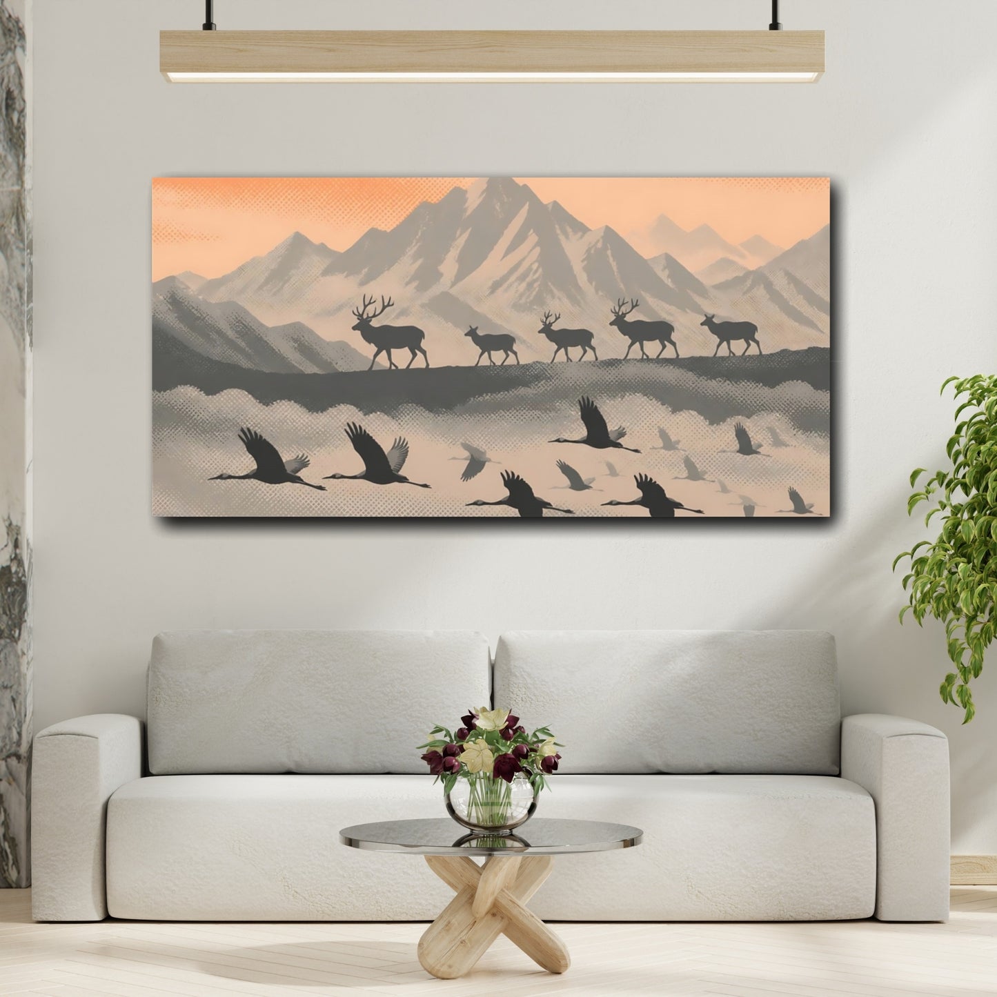 Mockup 2. Peach Mountain Silhouettes shown as canvas print