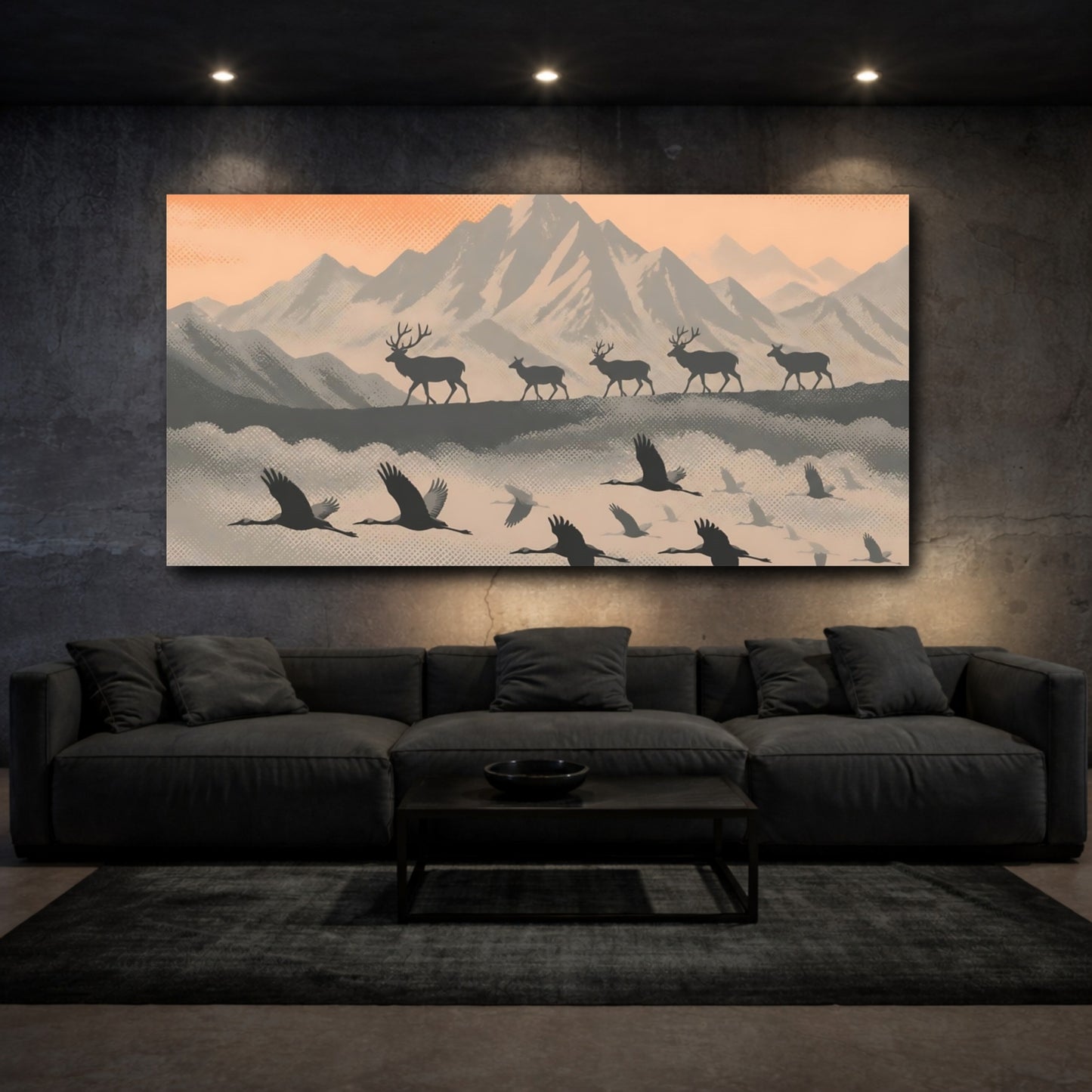 Mockup 3. Peach Mountain Silhouettes shown as canvas print