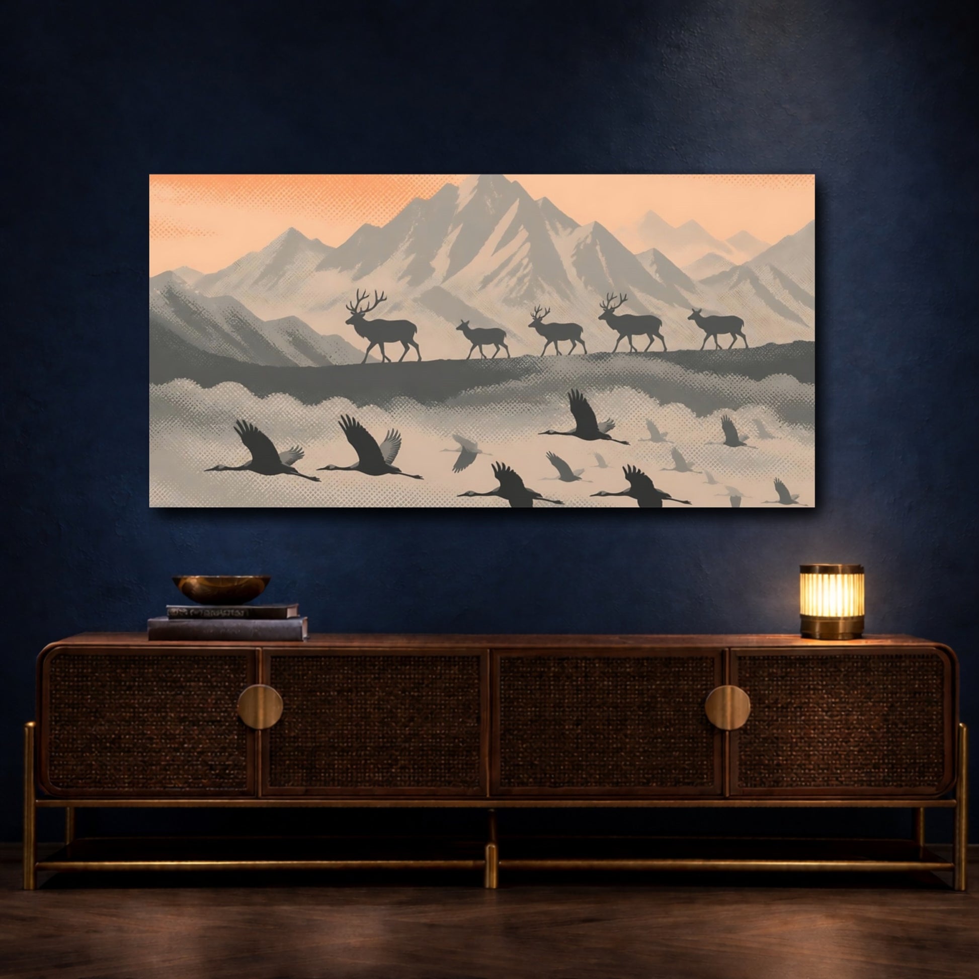 Mockup 4. Peach Mountain Silhouettes shown as canvas print